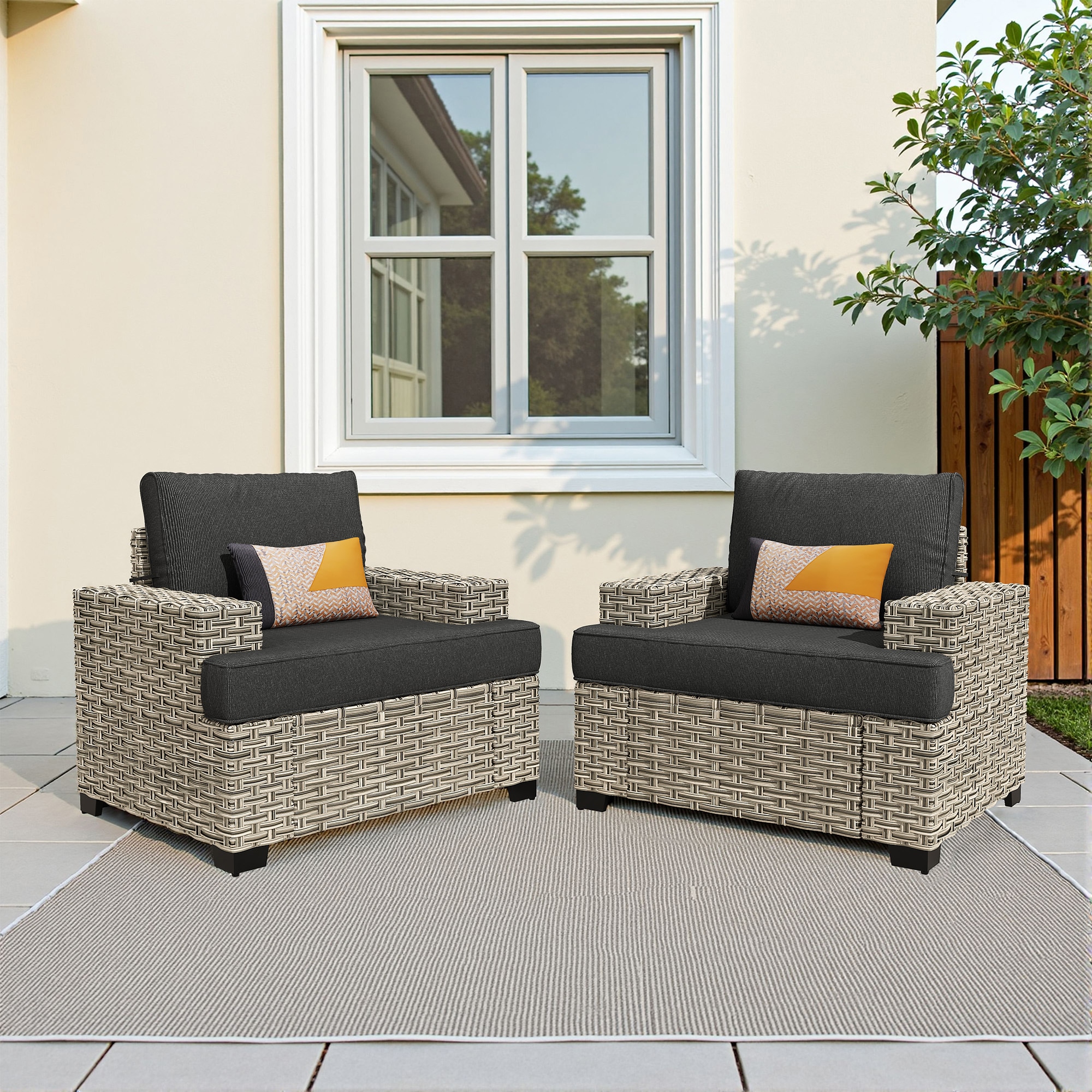 Pouuin - Set of 2 Wicker Black Steel Frame Stationary Conversation Chair with Black Cushioned Seat