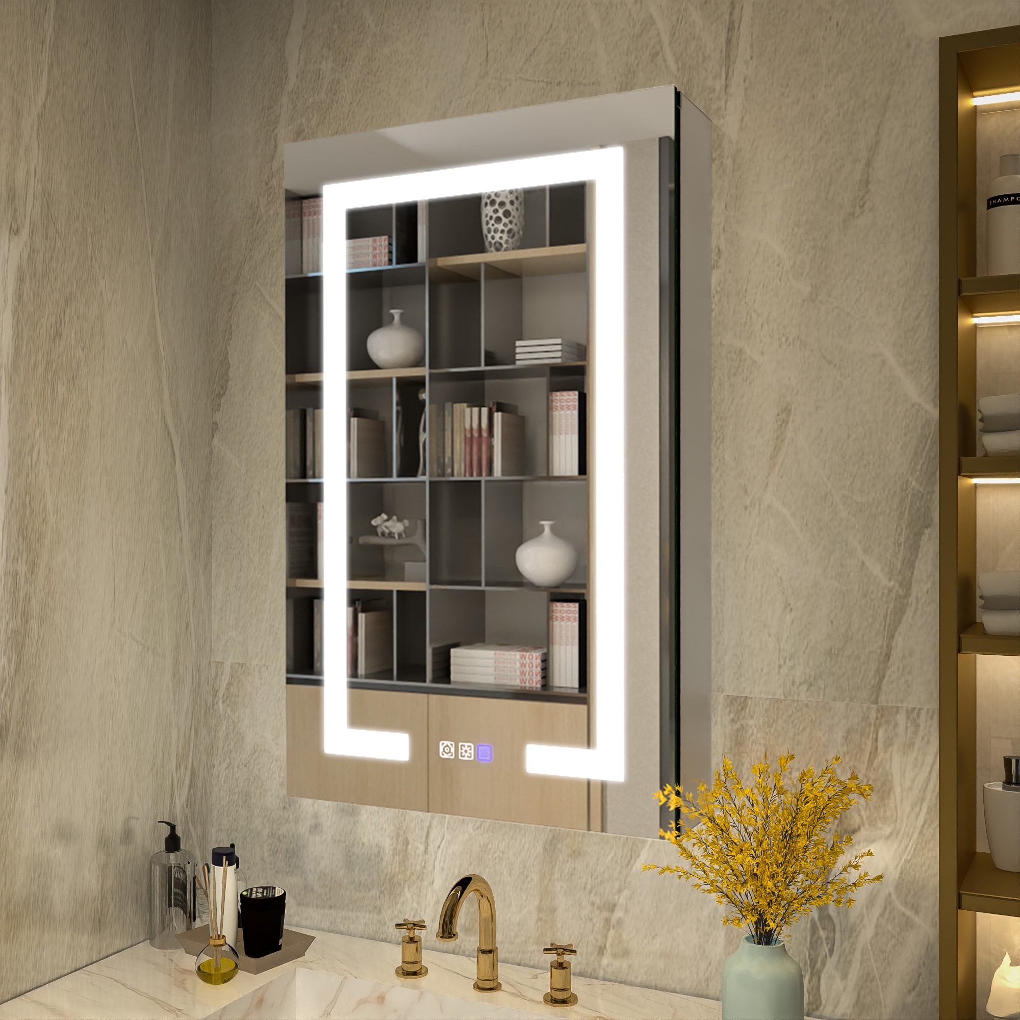ExBrite EBMC2026V3LB Warmor 20-in x 32-in Lighted LED Fog Free Surface/Recessed Mount Sterra Silver Mirrored Rectangle Soft Close Medicine Cabinet with Outlet