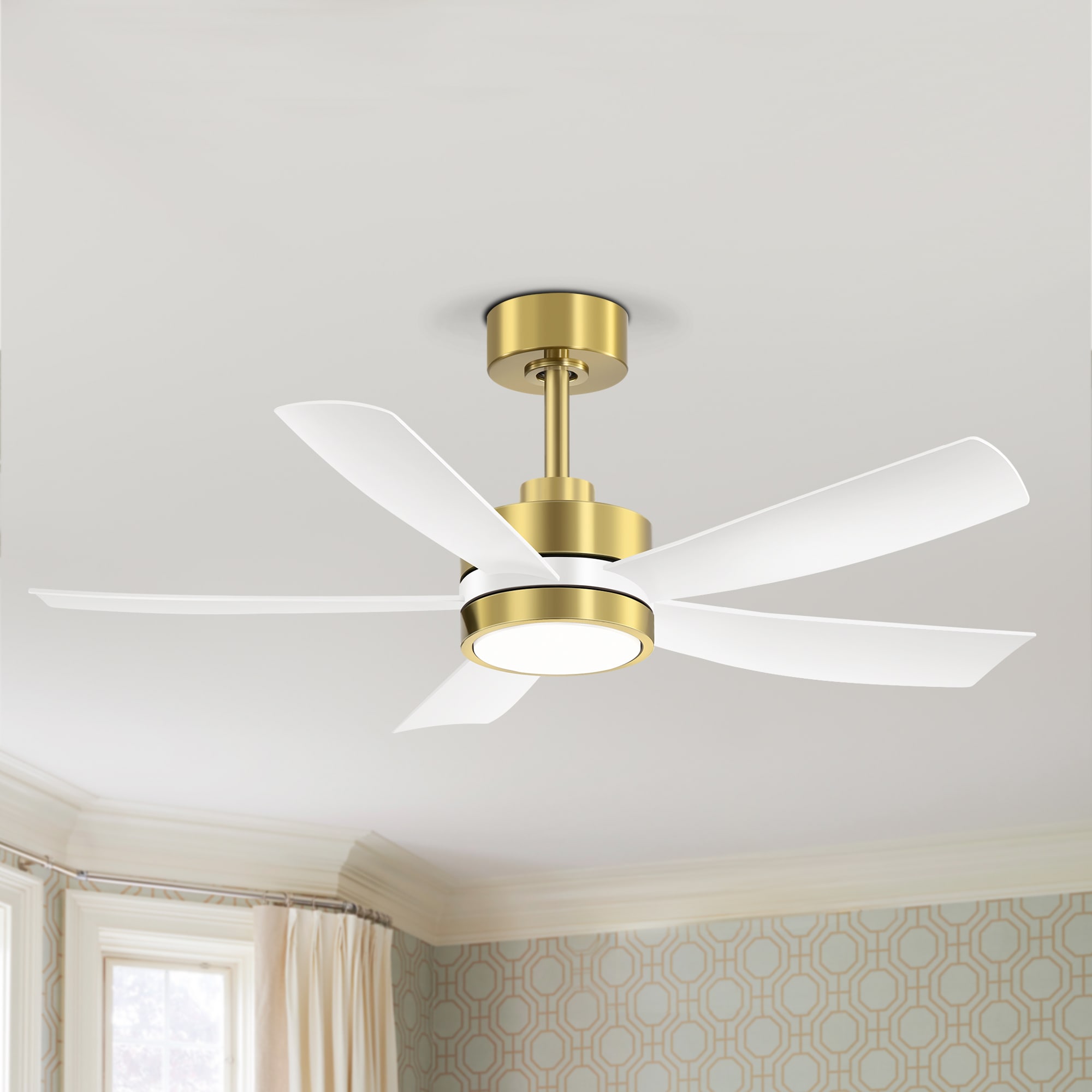 Breezary 24034-GW 42-in Color-Changing Integrated LED Matte White and Gold with White Blades Ceiling Fan With Light - Remote Included ( 5 -Blade )