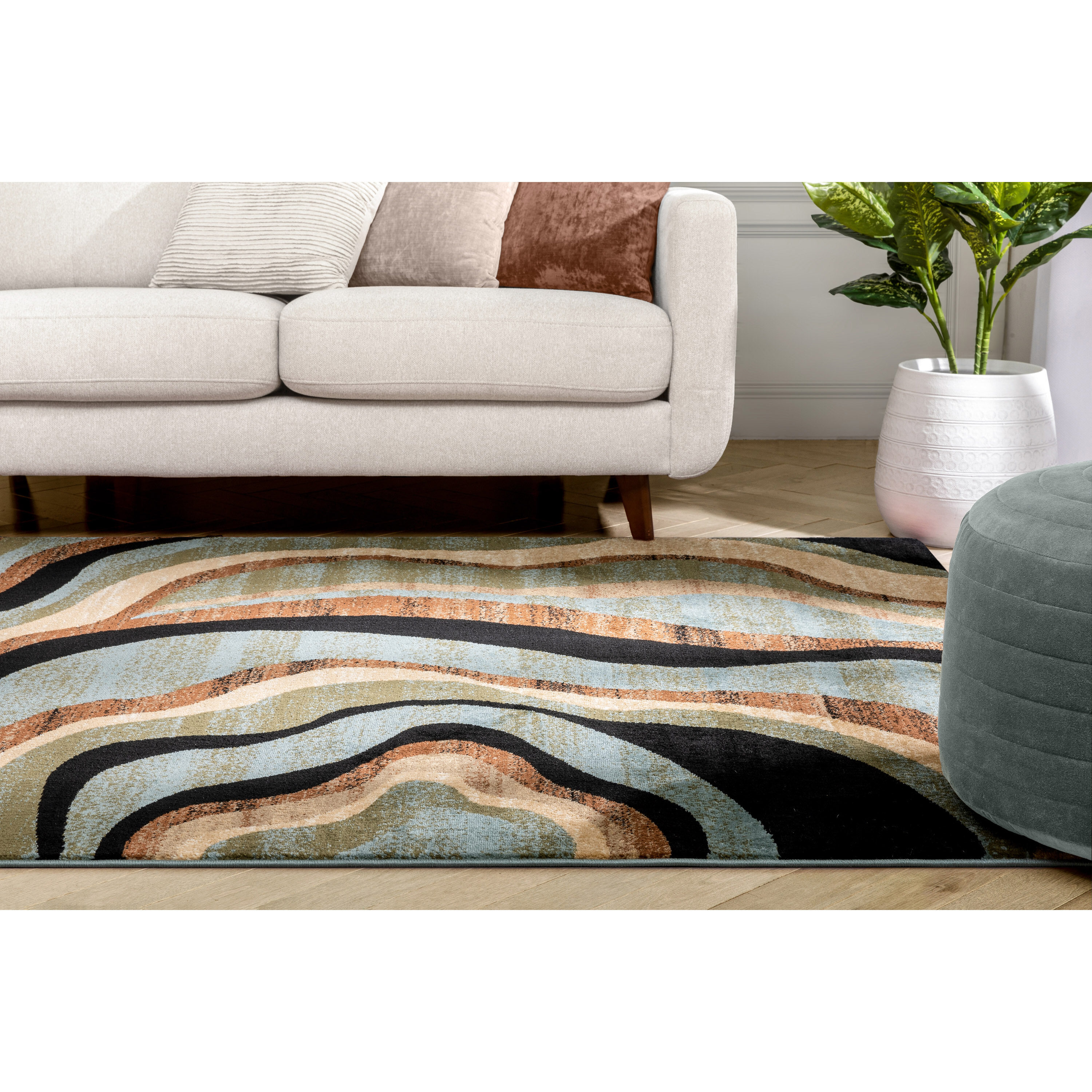 Modern Geometric Blue and Beige Rectangular Area Rug