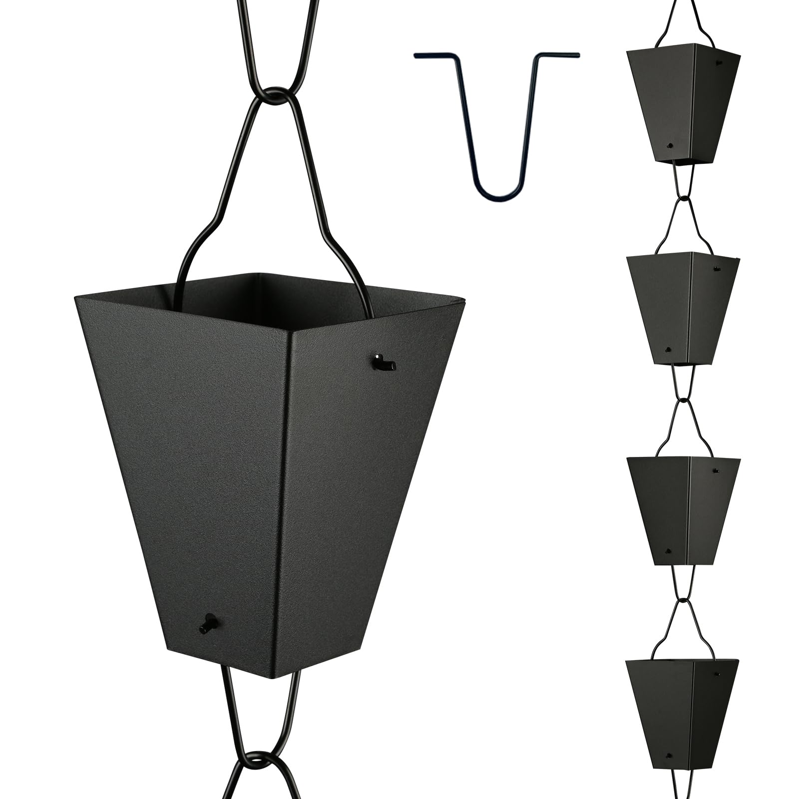 Adrinfly  Square Link Rain Chain 8 Point 5 Feet Black Powder Coated Functional Decorative Replacement for Gutter Downspouts 12 pcs Big Cups V