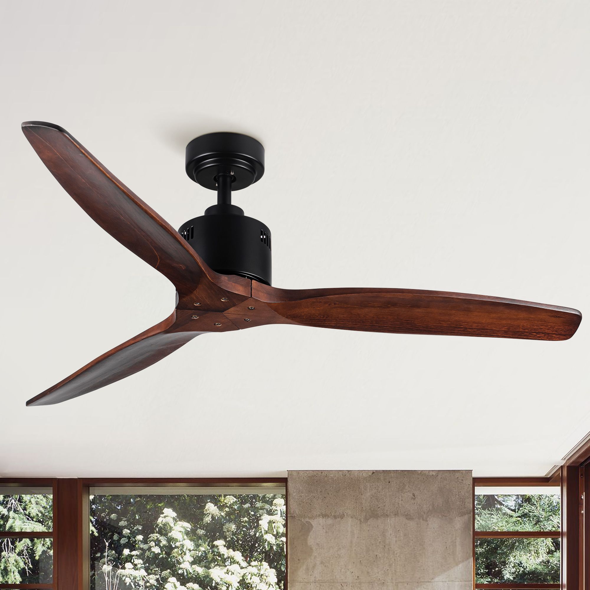 WELLFOR AMYU-17BK 52-in Outdoor Black with Antique Brown Blades Ceiling Fan Without Light - Remote Included ( 3 -Blade )