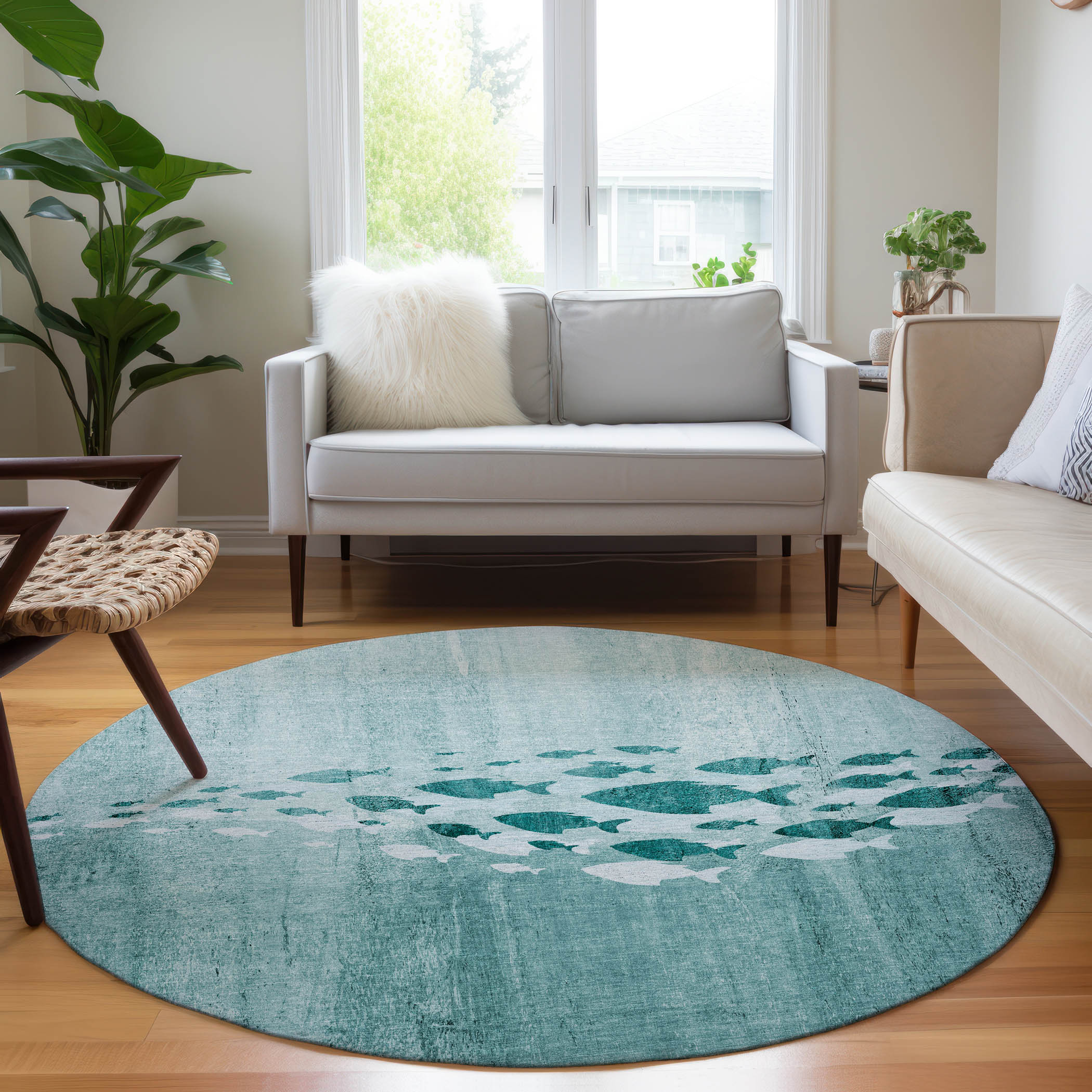 Addison Rugs ACN627TE8RO Chantille ACN627TE 8 x 8 (ft) Polyester Teal Round Indoor/Outdoor Geometric Machine washable Area rug