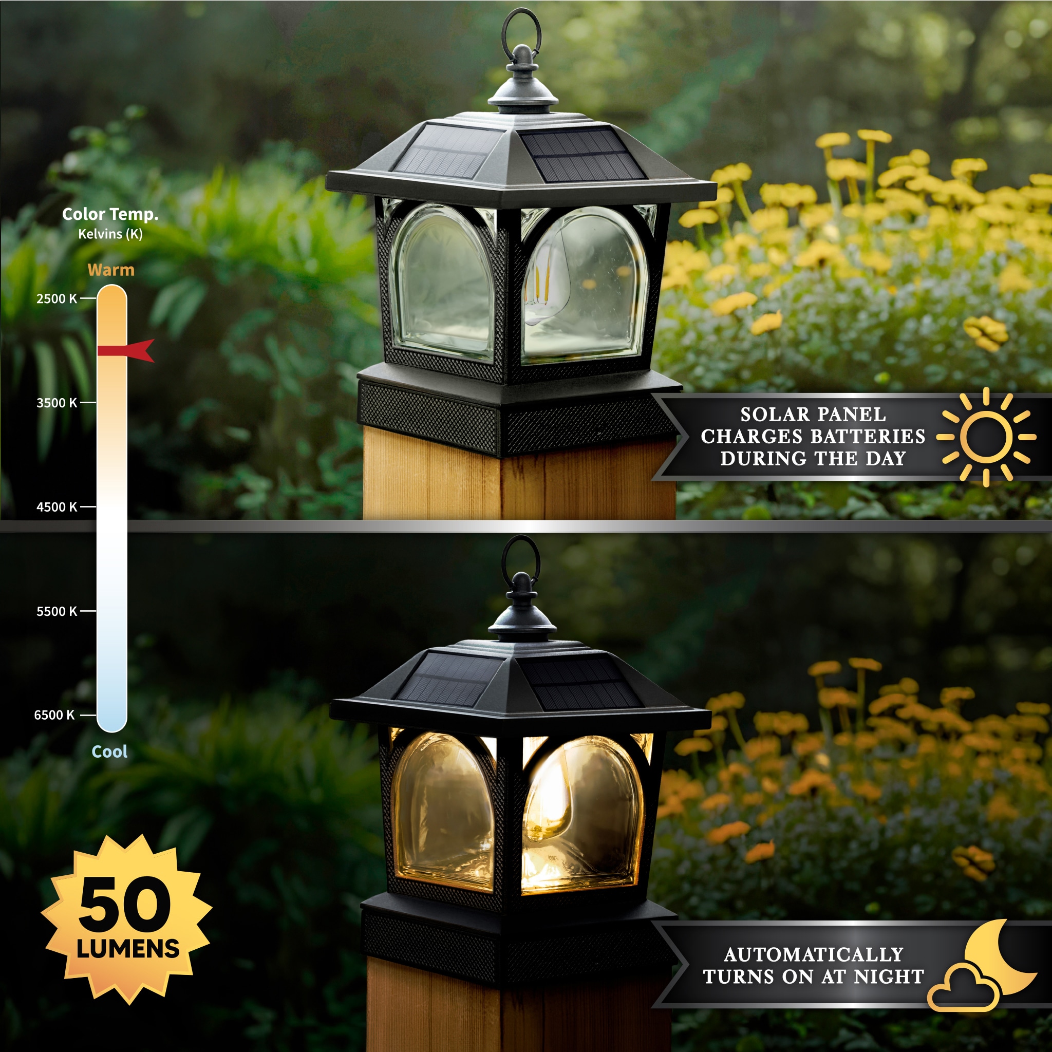 Black Aluminum LED Solar Post Cap Lantern
