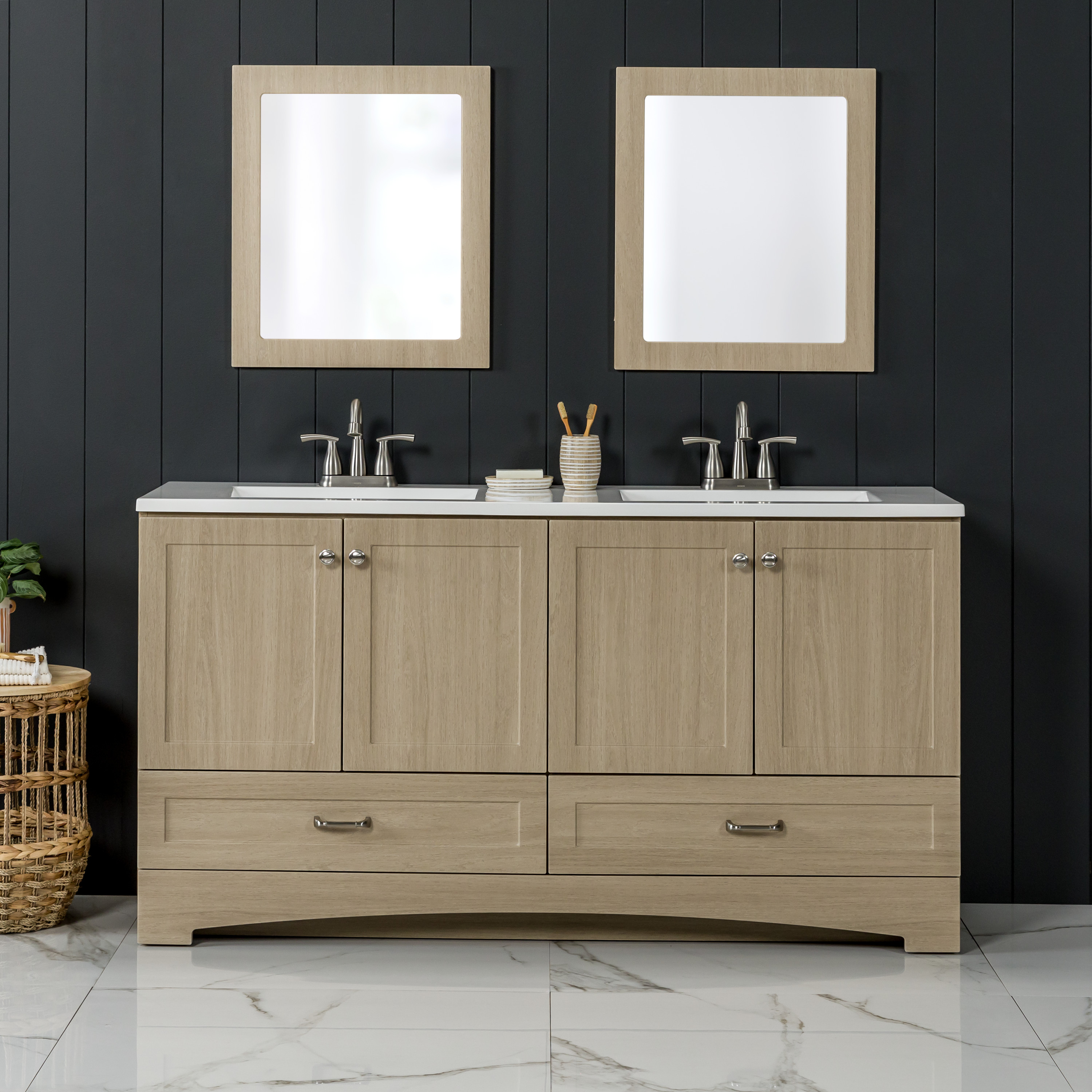 Diamond NOW C60W30352 Cassidy 60-in Light Oak Brown Double Sink Bathroom Vanity with White Cultured Marble Top