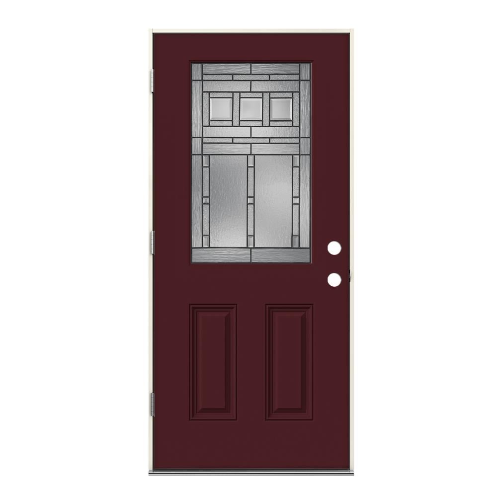 JELD-WEN LOWOLJW231100061 Craftsman 36-in x 80-in x 4-9/16-in Fiberglass Half lite Right-hand outswing Currant Painted Prehung Front Door Insulating core