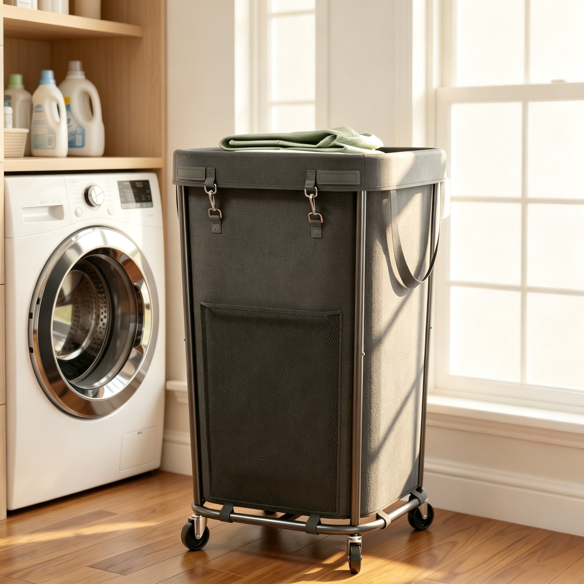 MOEPISY 160L Rolling Laundry Hamper with Wheels Removable Laundry Bag Oxford Fabric Metal Frame Waterproof Inner Coating Locking Swivel Casters Black