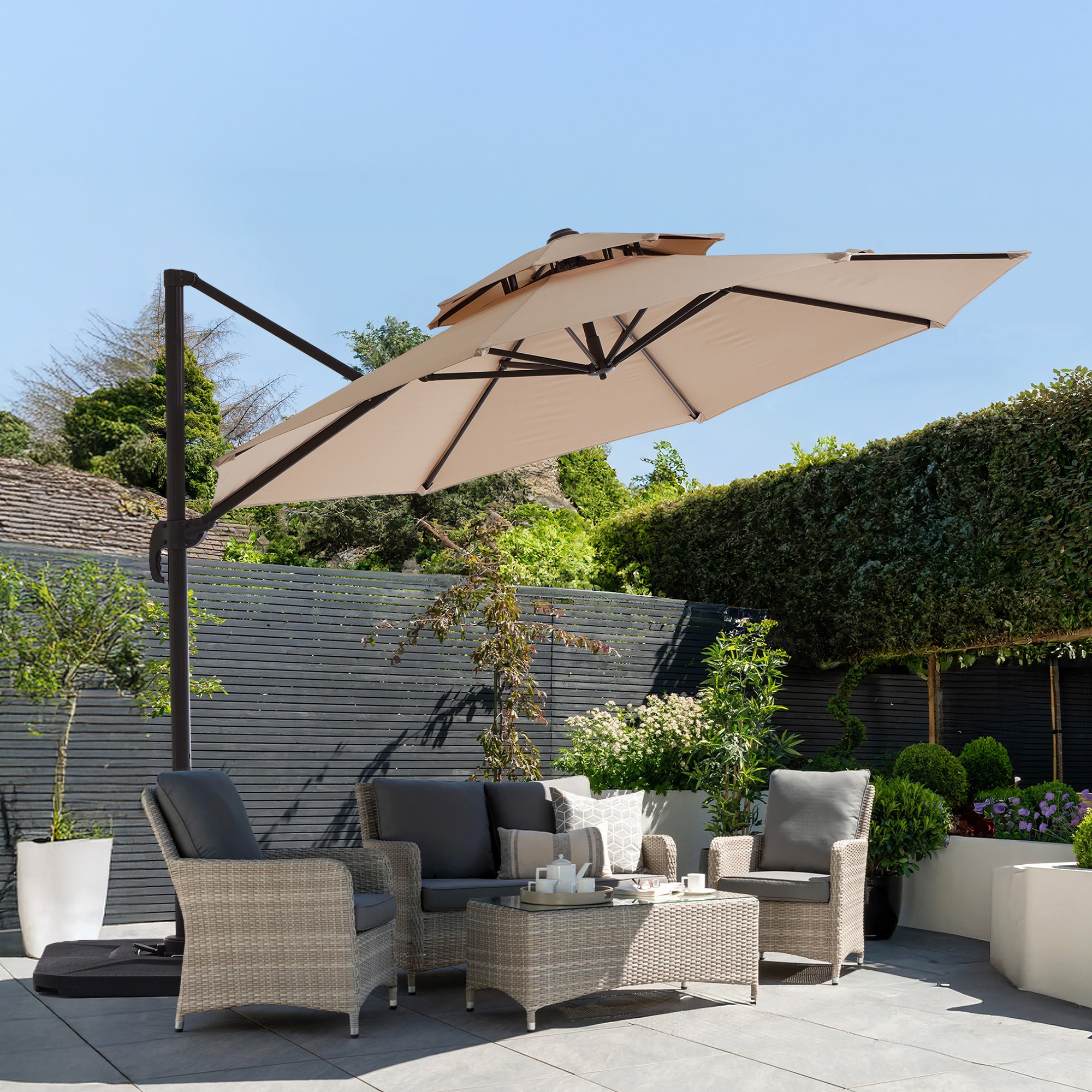 JEAREY JE-HMLG-WH-Q 10-ft Aluminum Beige Crank Cantilever Patio Umbrella with Base