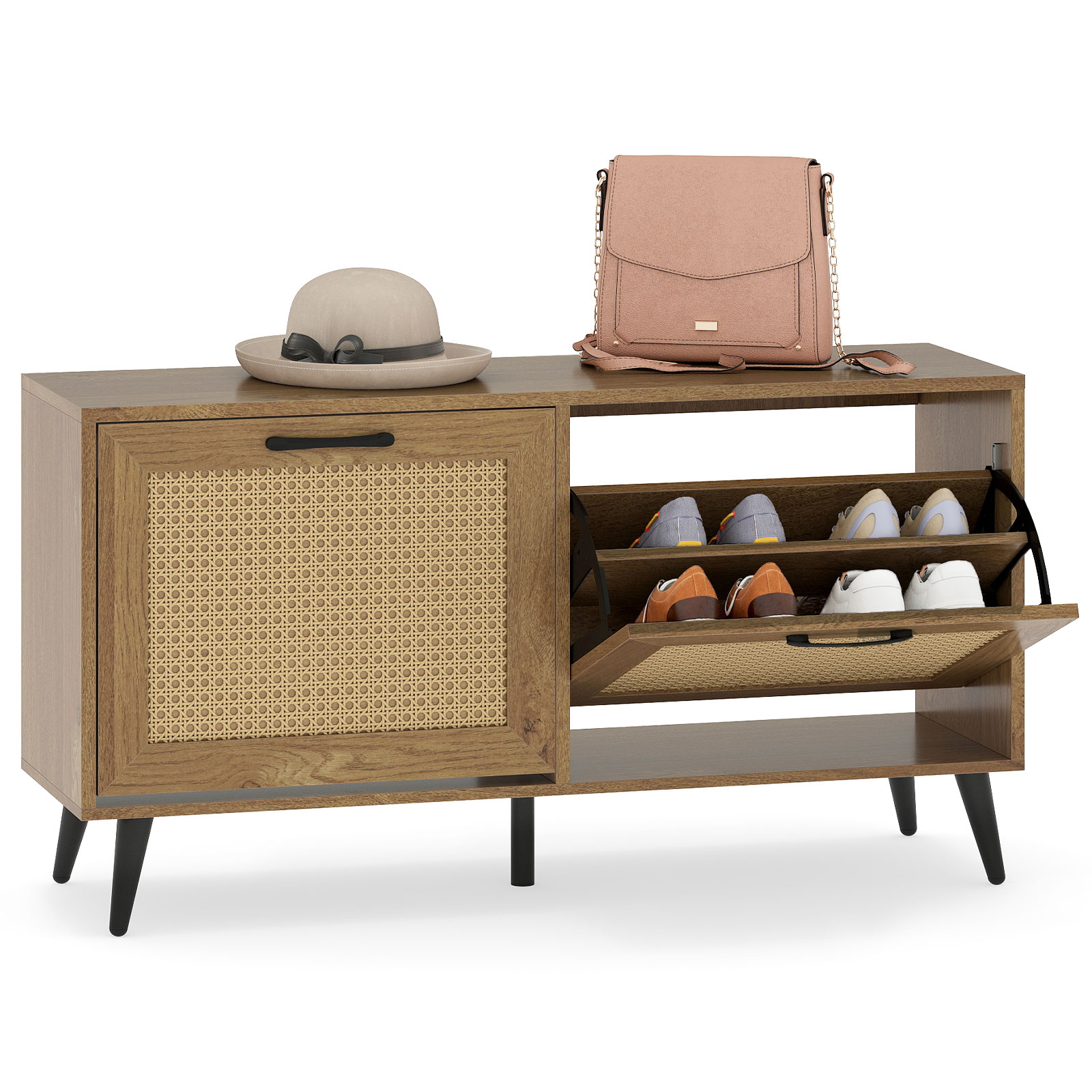 Volenca Modern Shoe Cabinet with 2 Flip Drawers Rattan Door Adjustable Shelves and Metal Legs 40-in Wide