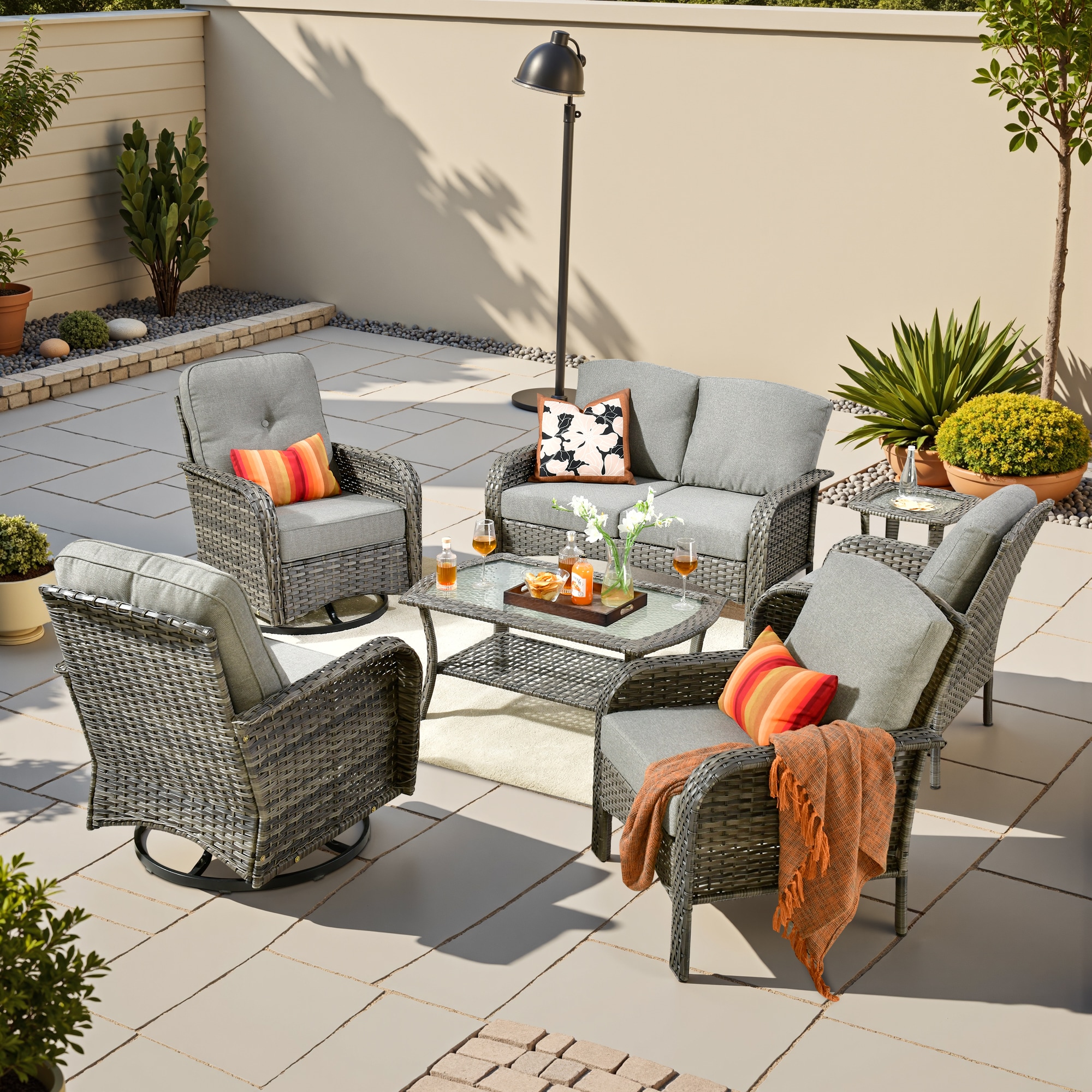 weaxty HMBYZGNCGNDS200S71 Initial 7 -Piece Wicker Patio Conversation Set with Gray Cushions