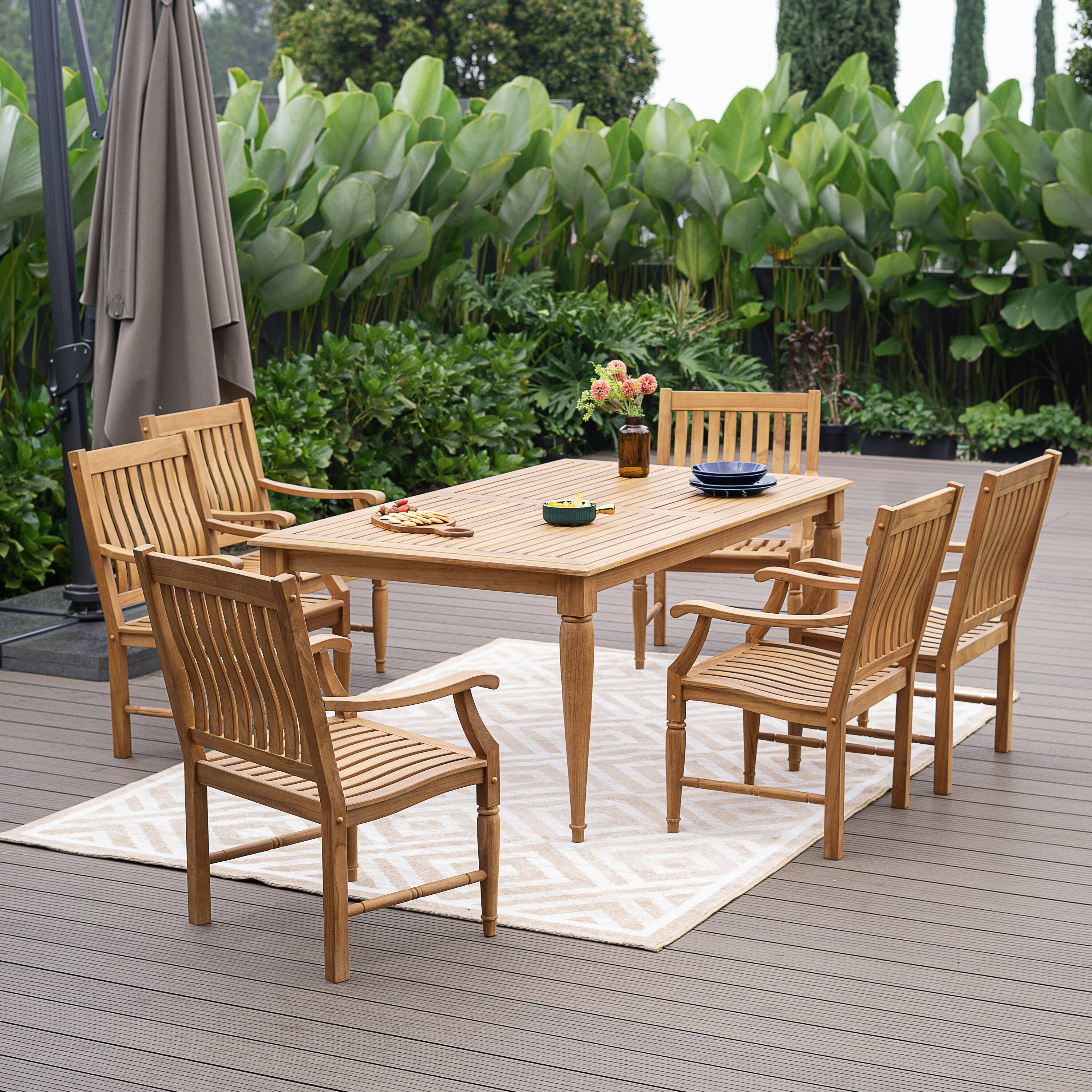 Cambridge Casual - Savoy 7 -Piece Unfinished Teak Wood Patio Dining Set Wood Rectangle Table with...
