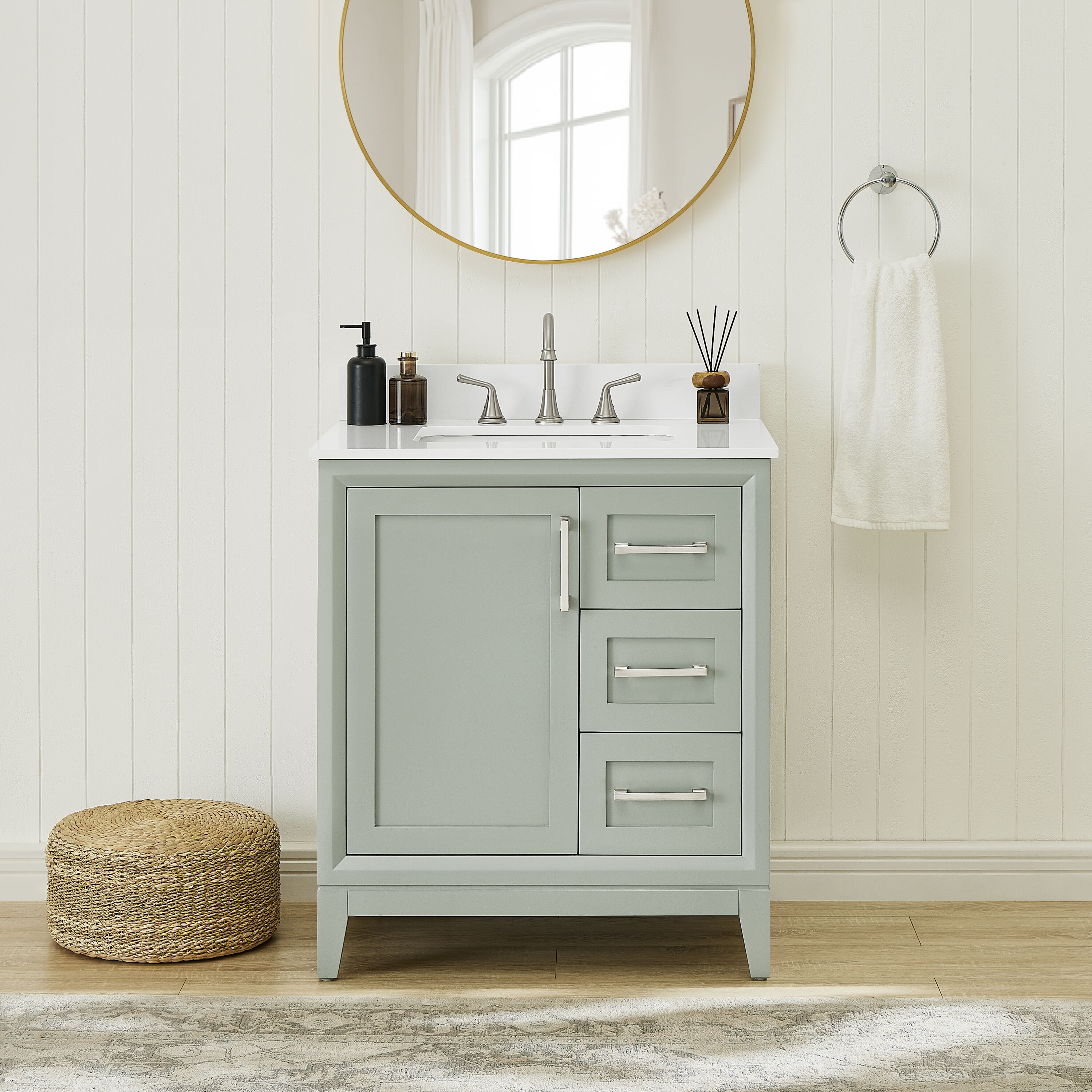 Runfine RF110461 30-in Light Grey Undermount Single Sink Bathroom Vanity with Pure White Engineered Stone Top