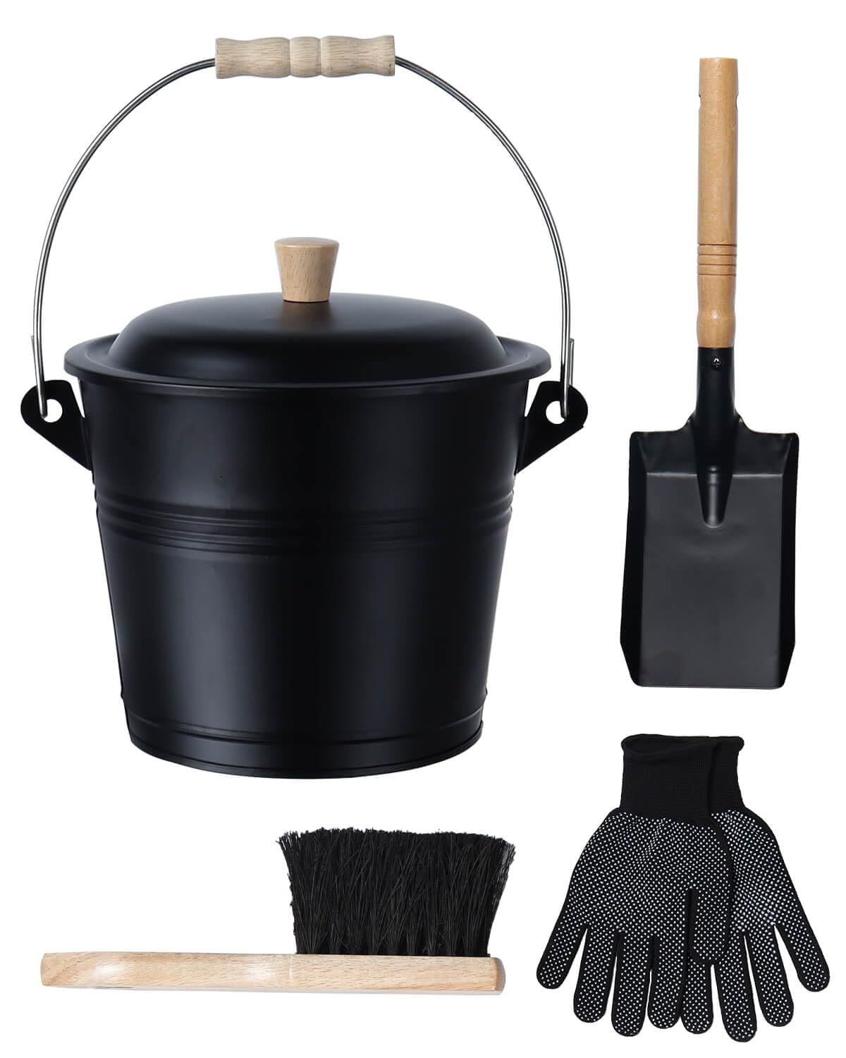 AOIZGMY  1.5 Gallon Ash Bucket with Lid Shovel Broom and Gloves Heavy Duty Galvanized Iron Fire Resistant Black Finish for Fireplaces Fire Pits