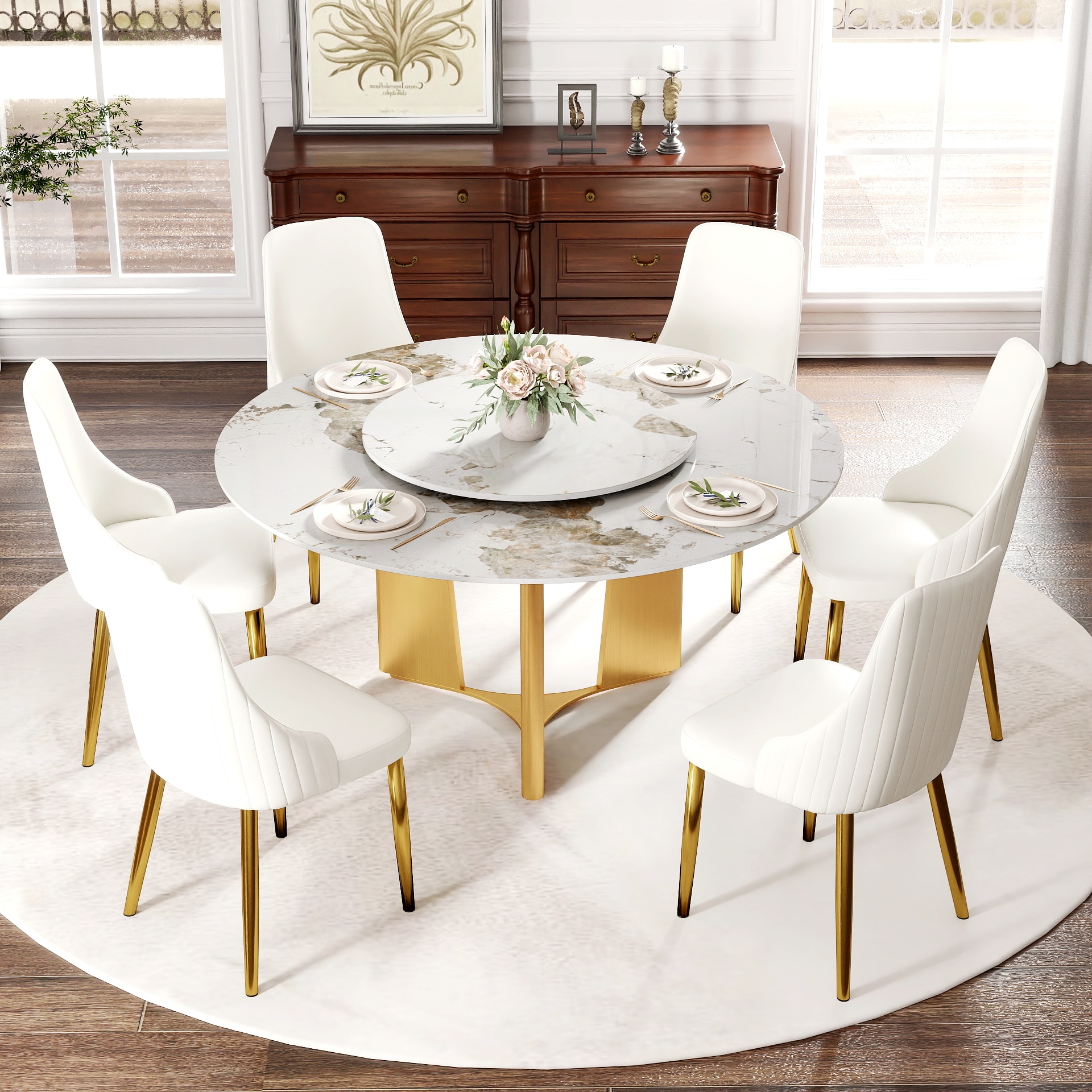 BuotiqHom DH-B-150P80-3G 59 in. Pandora Round Contemporary/Modern Dining Table, Ceramic with Primed Steel 59-in L x 29.5-in H