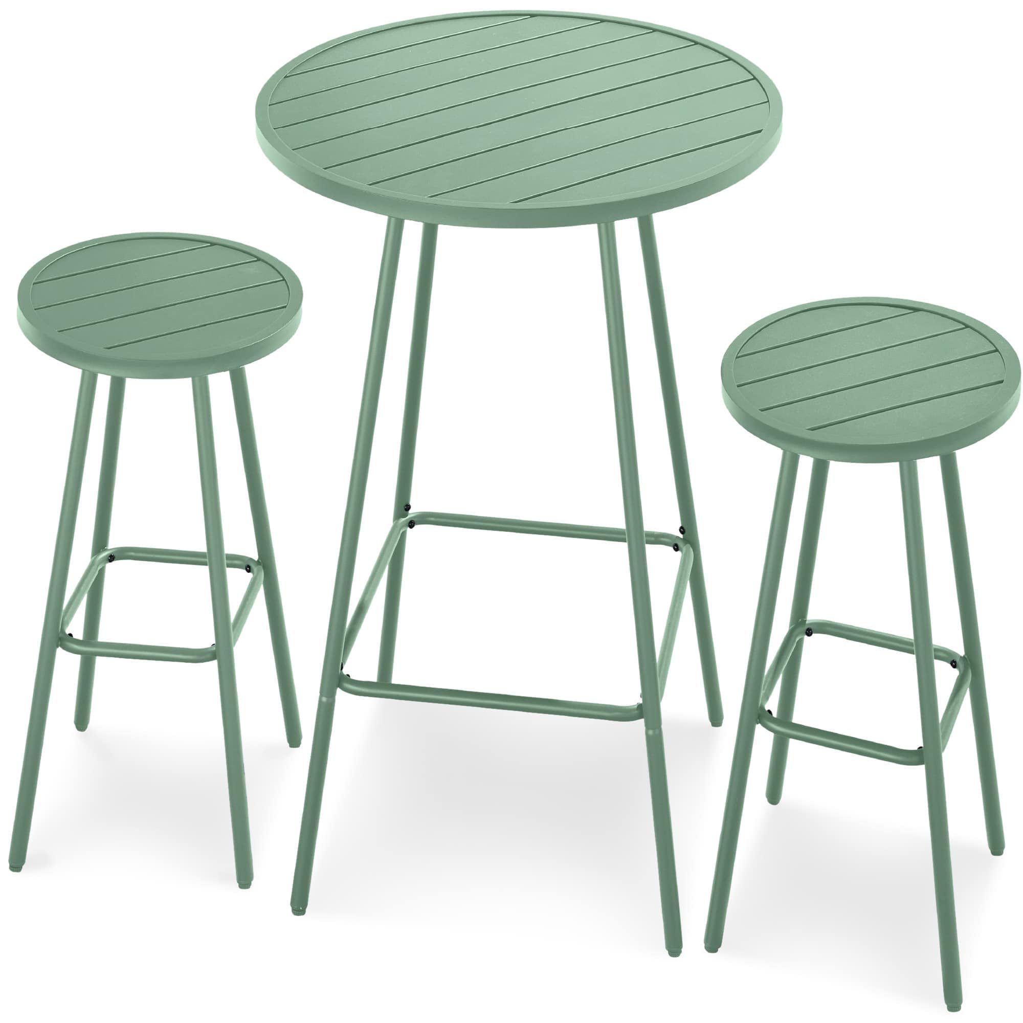 Best Choice Products SKY8926 3-Piece Steel Patio Bar Height Round Bistro Set w/ Backless Stools Slatted Design - Sage