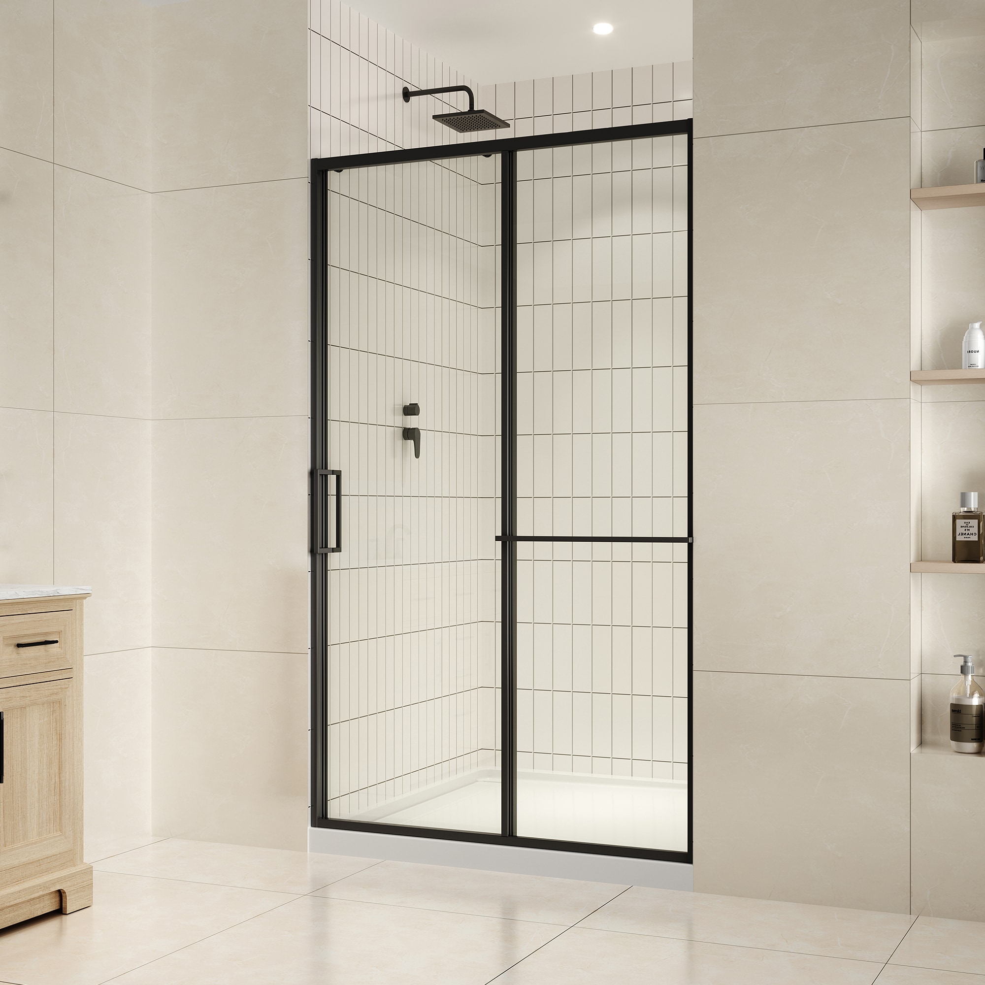 OVE Decors 15SGP-ZORA48-BLK Zora Matte Black 45-in to 48-in W x 78.74-in H Frameless Sliding Shower door 5/16-in Thick Clear Glass