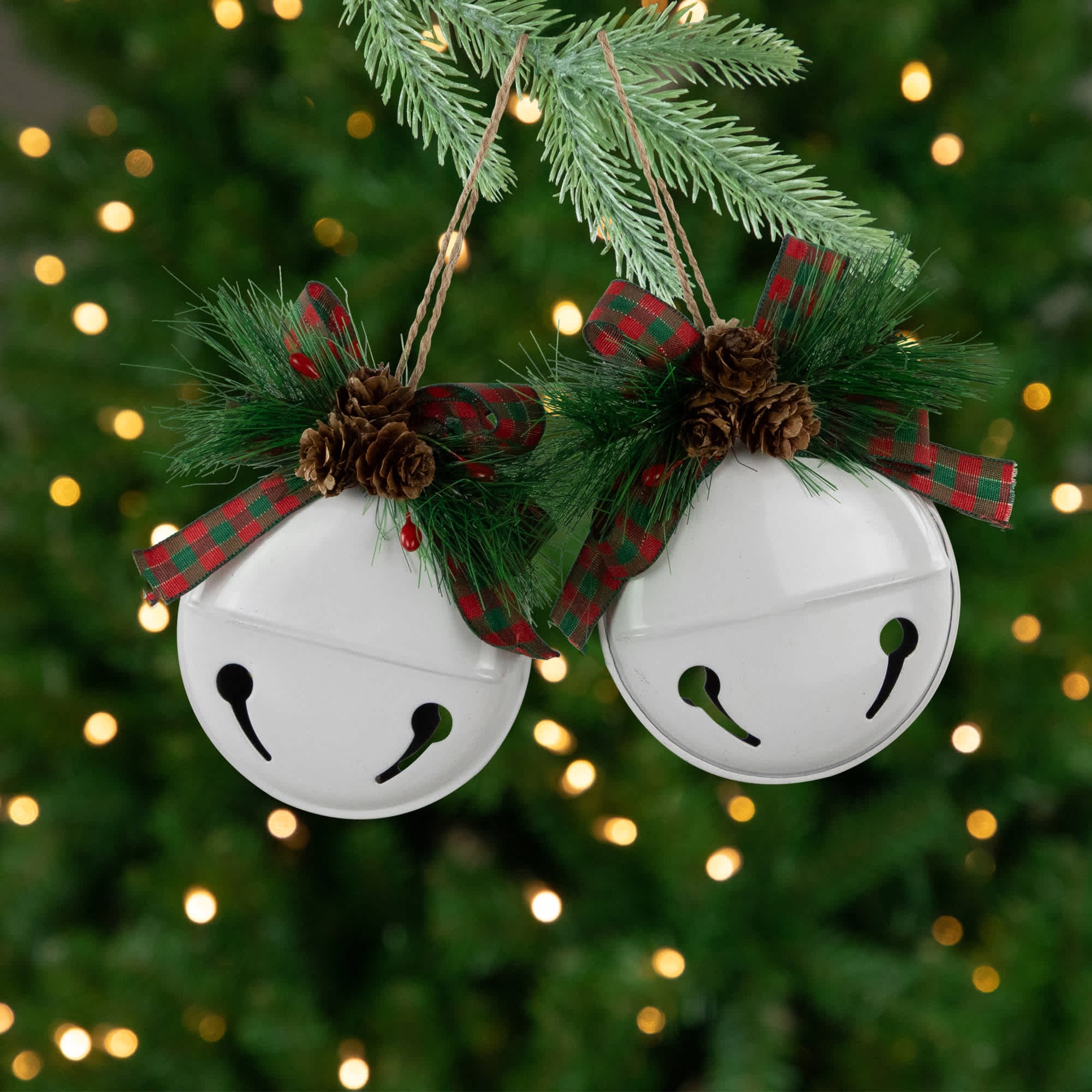 Northlight Jingle Bells with Pinecone Bows Disc Christmas Ornaments - 5 inch - White - Set of 2