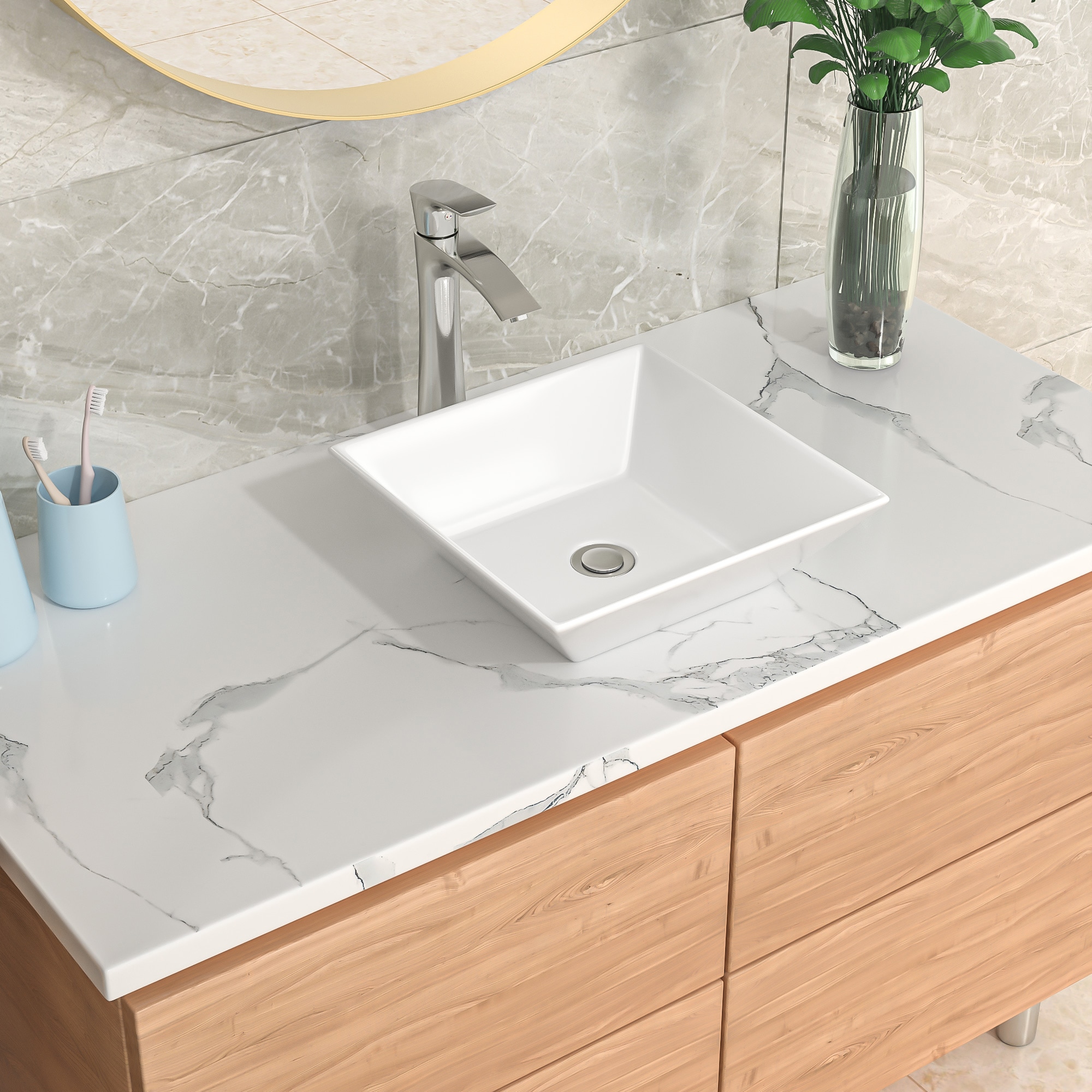 Lordear Porcelain Vanity Sink Ceramic Vessel Square Modern White ...