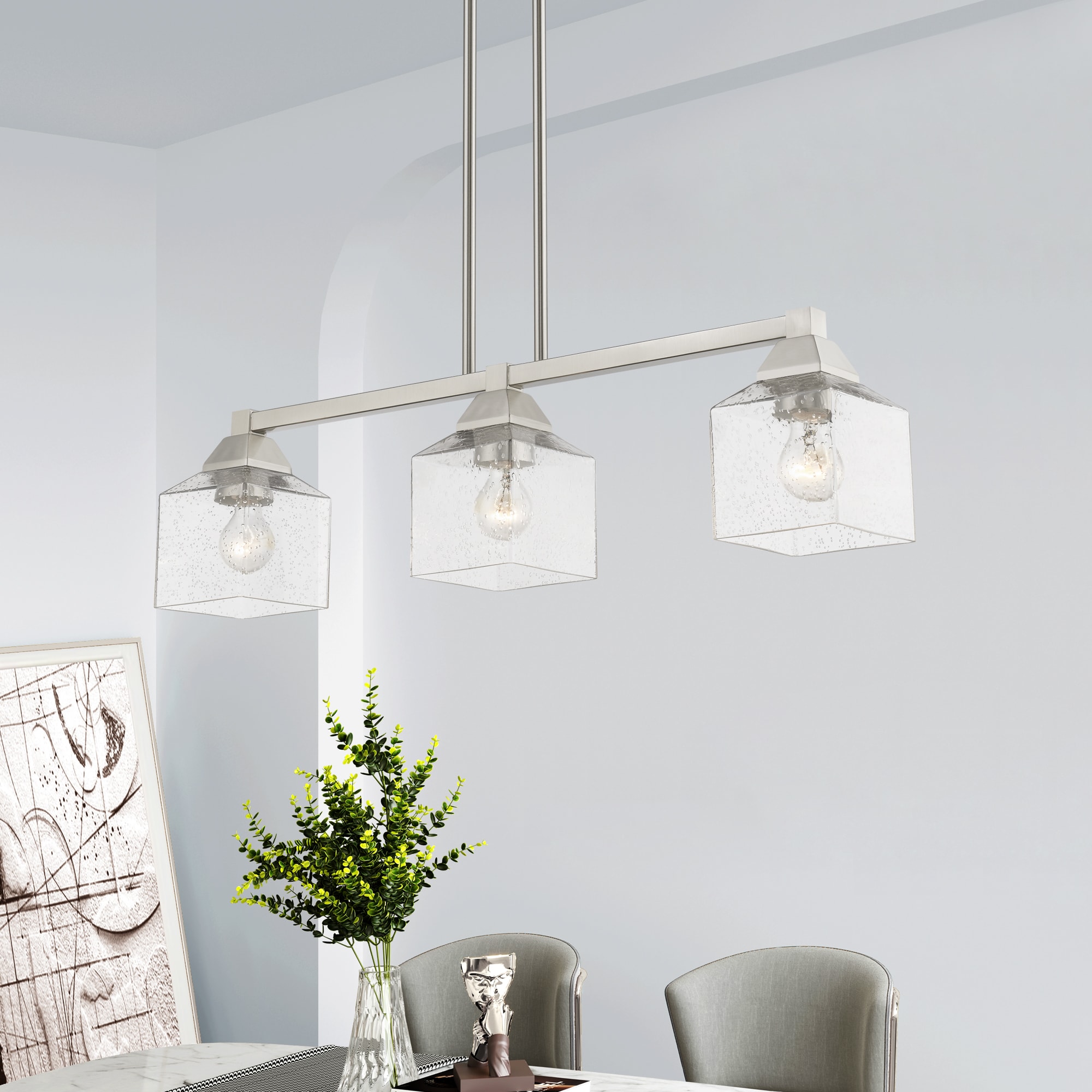 Aragon Brushed Nickel 3-Light Linear Chandelier with Clear Seeded Glass