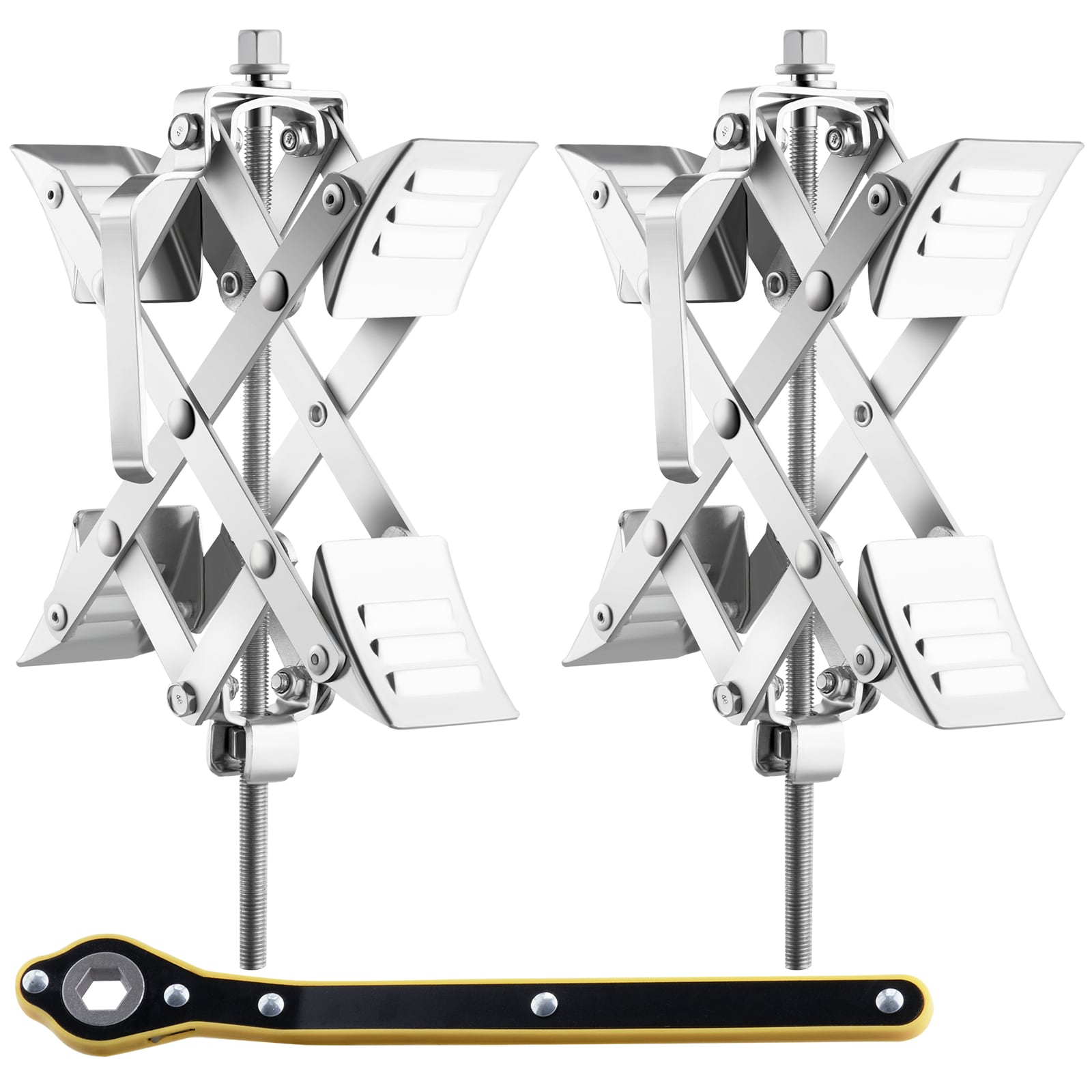 GIVIMO X-Shaped RV Wheel Chock Stabilizer 2-Pack for Tandem Axle Trailers - Adjusts 1.5-in to 10-in Tire Spacing with Powder-Coated Carbon Steel Arms Ratchet Wrench Hex Socket Adapter and Storage Bag for Travel Trailers Fifth Wheels and Work Trucks
