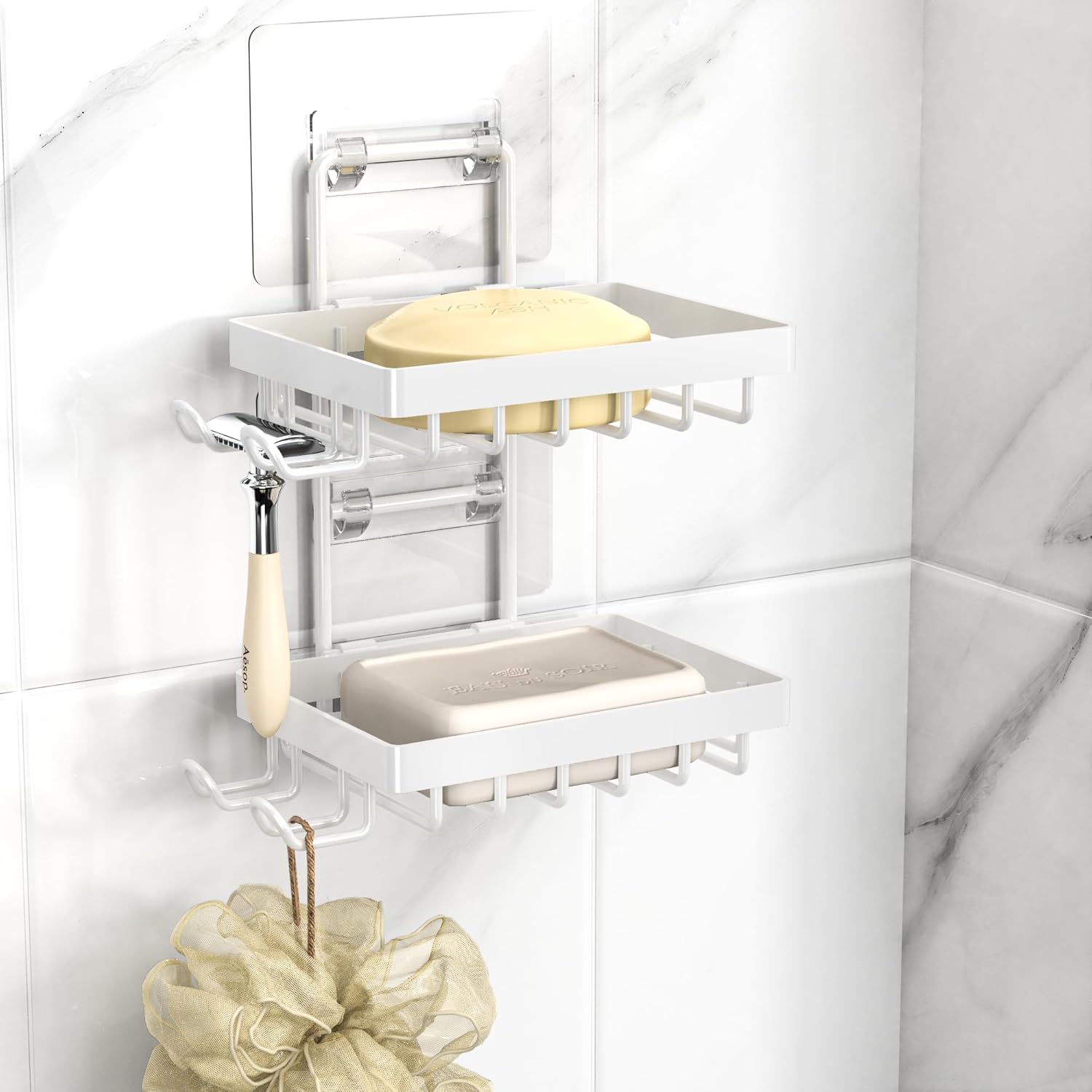 MOFOROCO  2 Pack Black Soap Dish Holder for Shower Wall Mount Stainless Steel Rustproof Soap Bar Tray with 2 Hanging Hooks No Drilling Self Adhesive Bathroom and Kitchen Sink Storage Organizer for Sponge and Loofah