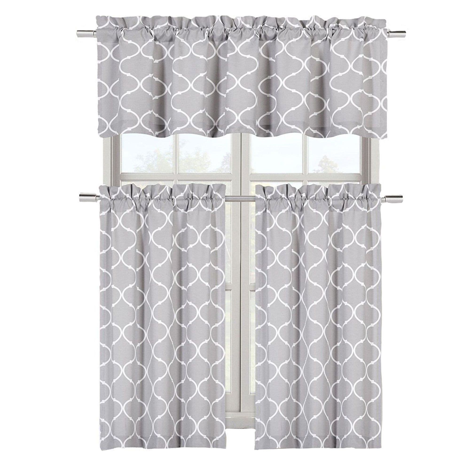 KATE AURORA - Shabby Lattice Cotton Blend Kitchen Curtain Tier and Valance Set 56 in W x 36 in L ...