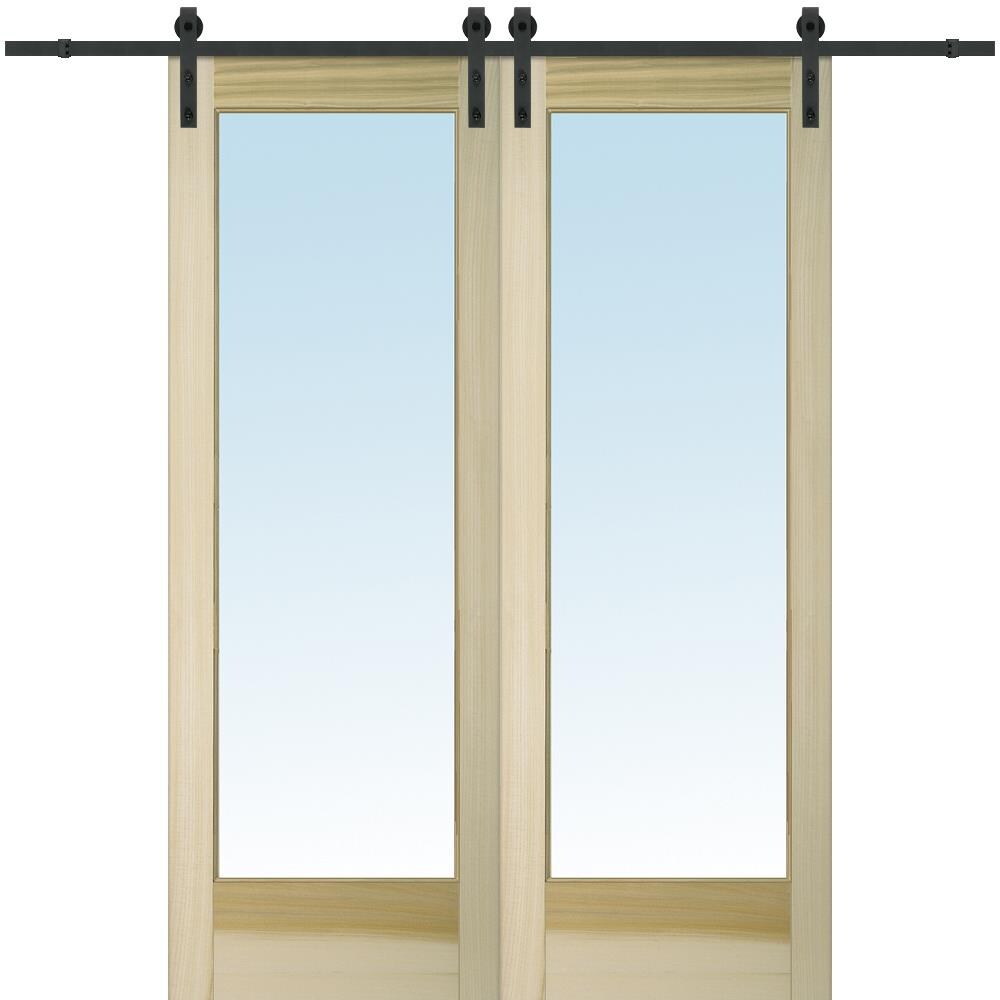 MMI DOOR ZL20186 60-in x 96-in Unfinished Poplar Clear Glass Solid Core Unfinished Poplar Veneer Double Barn Door (Hardware Included)