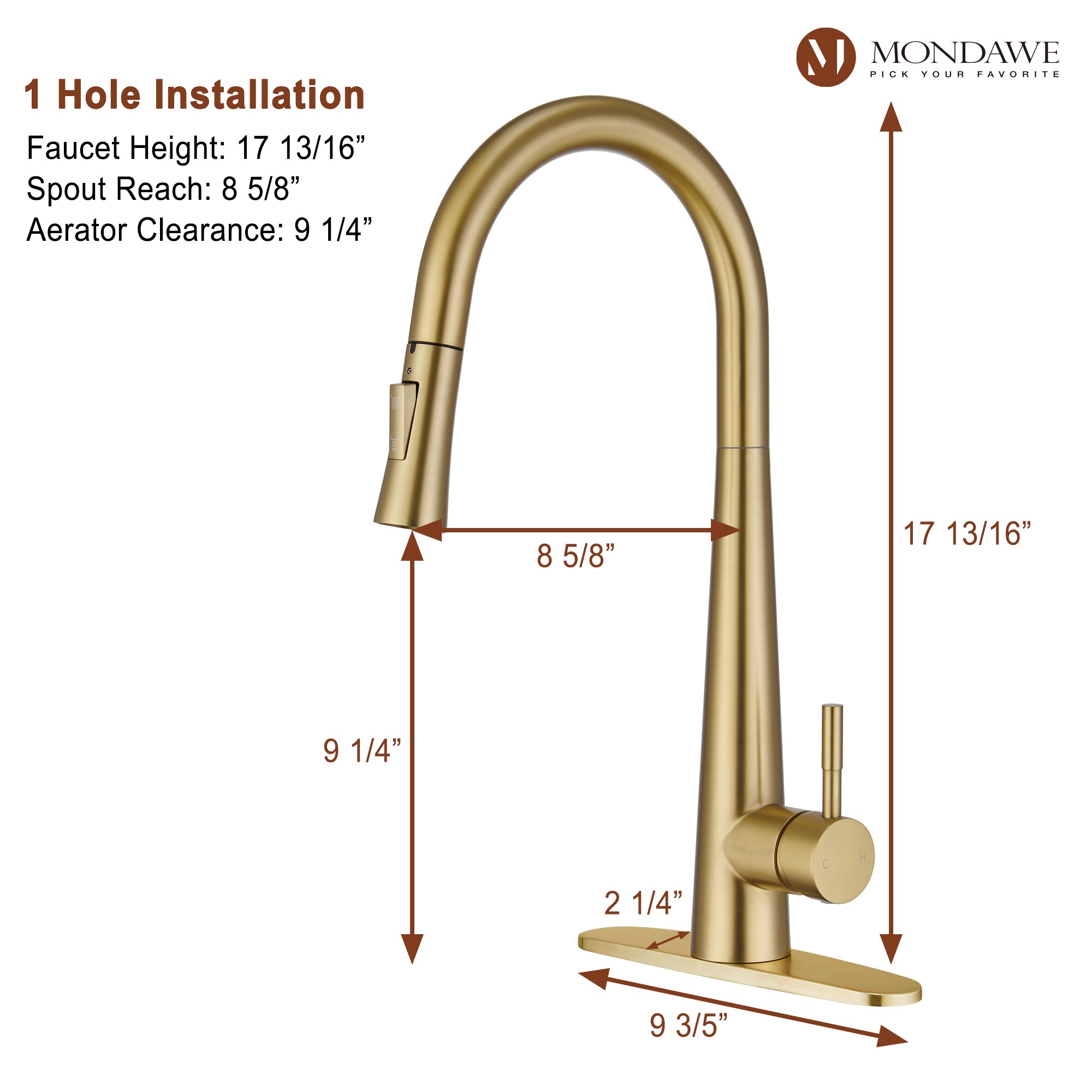 Mondawe Brushed Gold Single Handle Pull-down Kitchen Faucet with ...