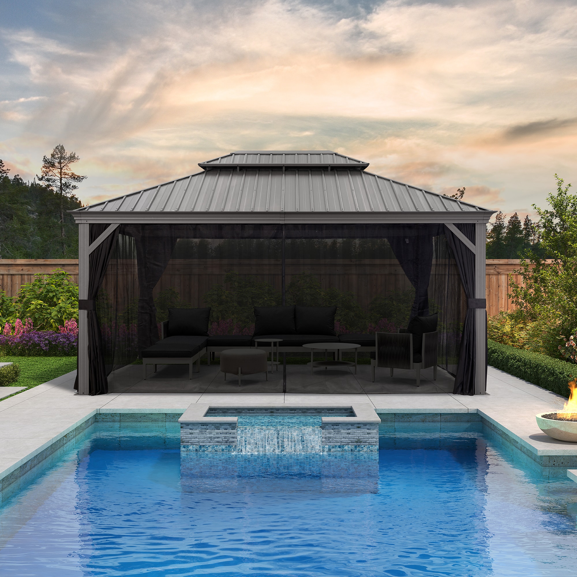 Light Gray 16' x 12' Aluminum and Steel Hardtop Gazebo with Curtains