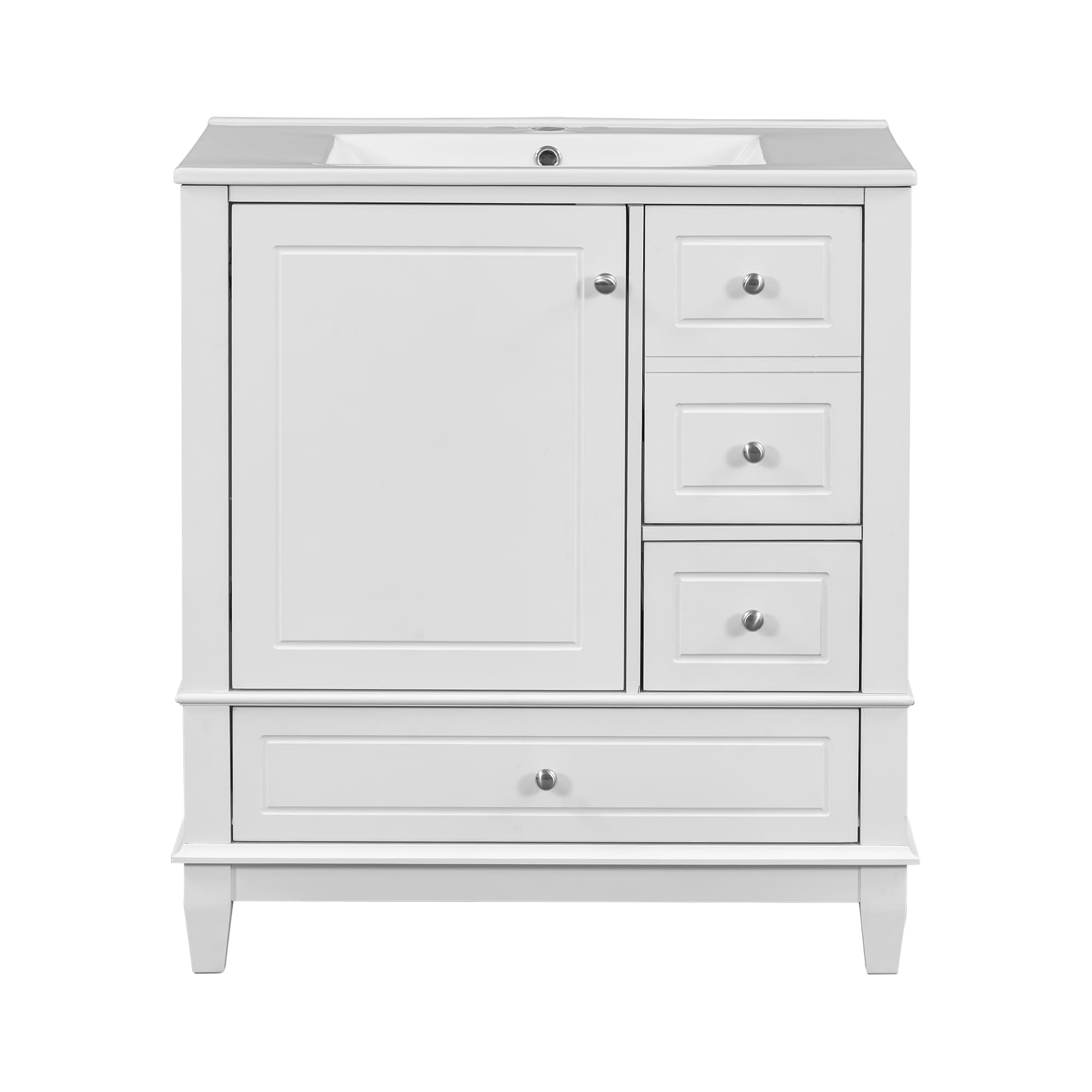 Vynxaria  30 in Undermount Rectangular Bathroom Sink with Overflow in White Rubber Wood MDF Ceramic with 1 Soft Close Door 3 Drawers