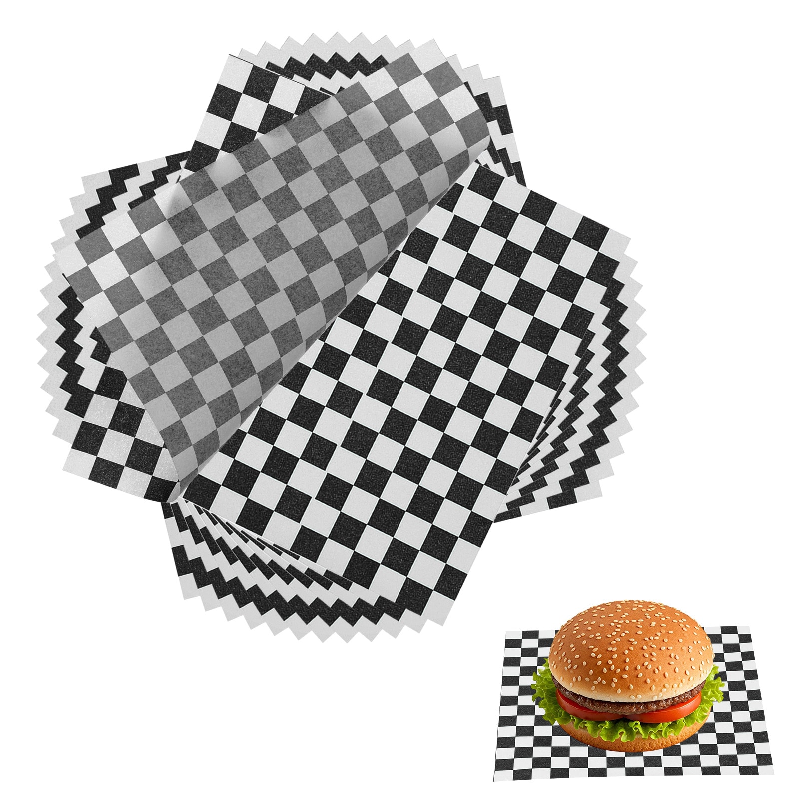 Unique Bargains 150pcs Wax Paper Sheets for Food 7 x 7 Inch Greaseproof Wrapping Paper Sheets Checkered Square Food Basket Liners for Sandwich Hamburger Bread Black