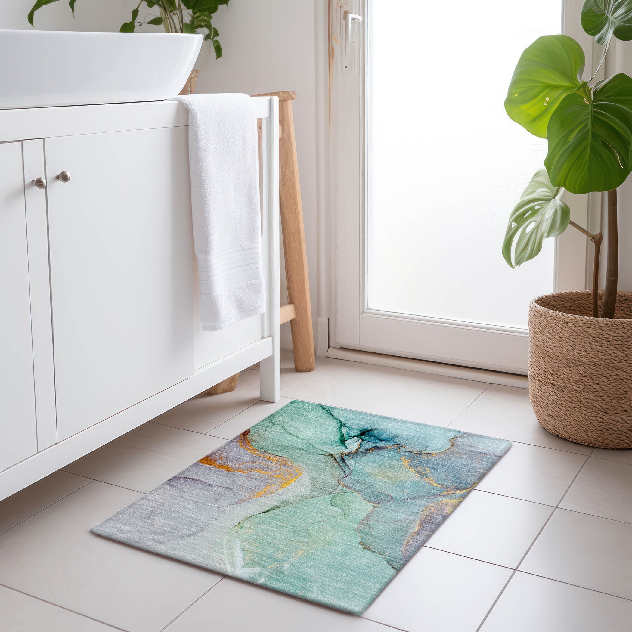 Teal and Gold Abstract Machine-Washable Rectangular Rug