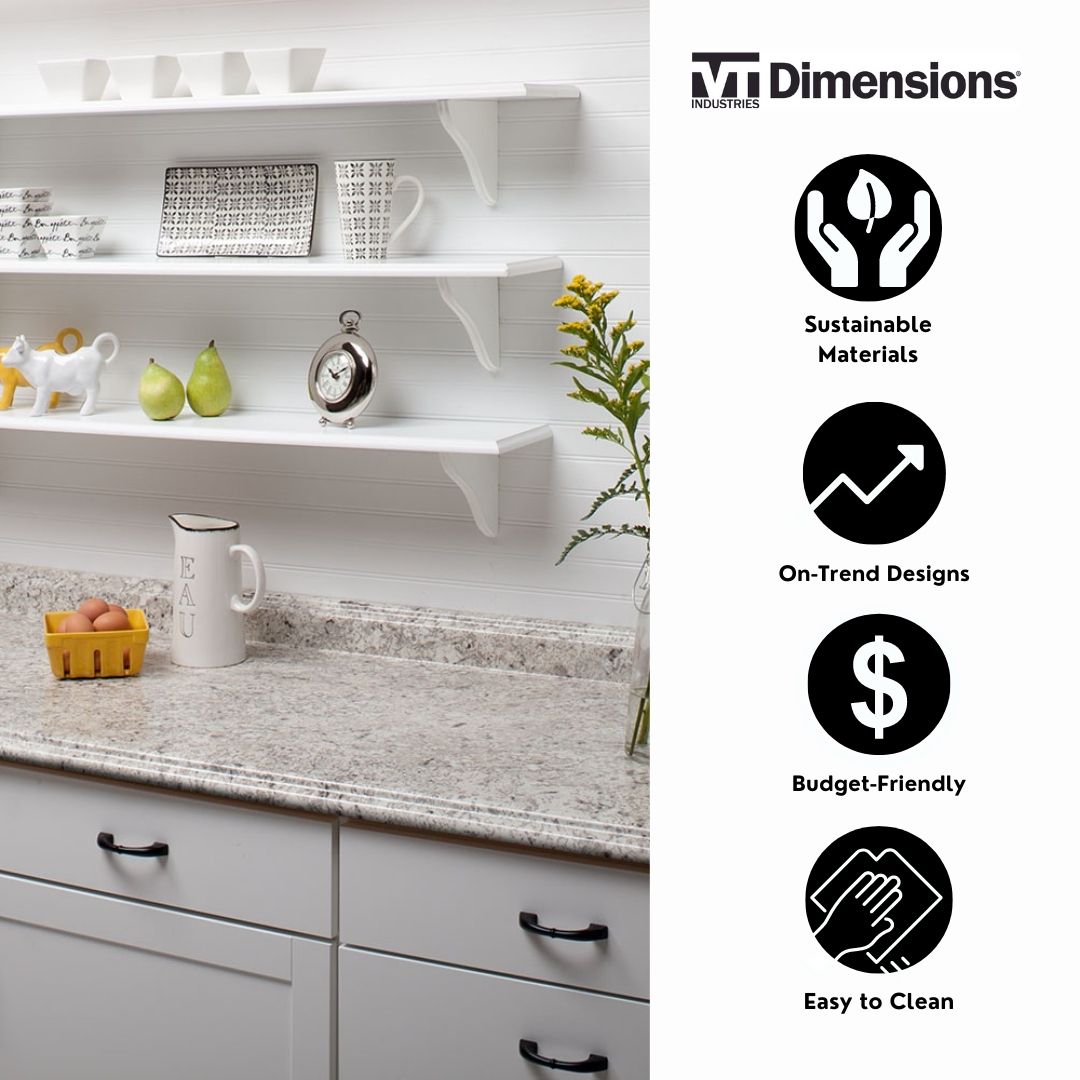 VT Dimensions Formica 6-ft x 25.5-in x 3.75-in Ouro Romano - Etchings Right-Hand Miter-Cut Laminate Countertop with Integrated Backsplash