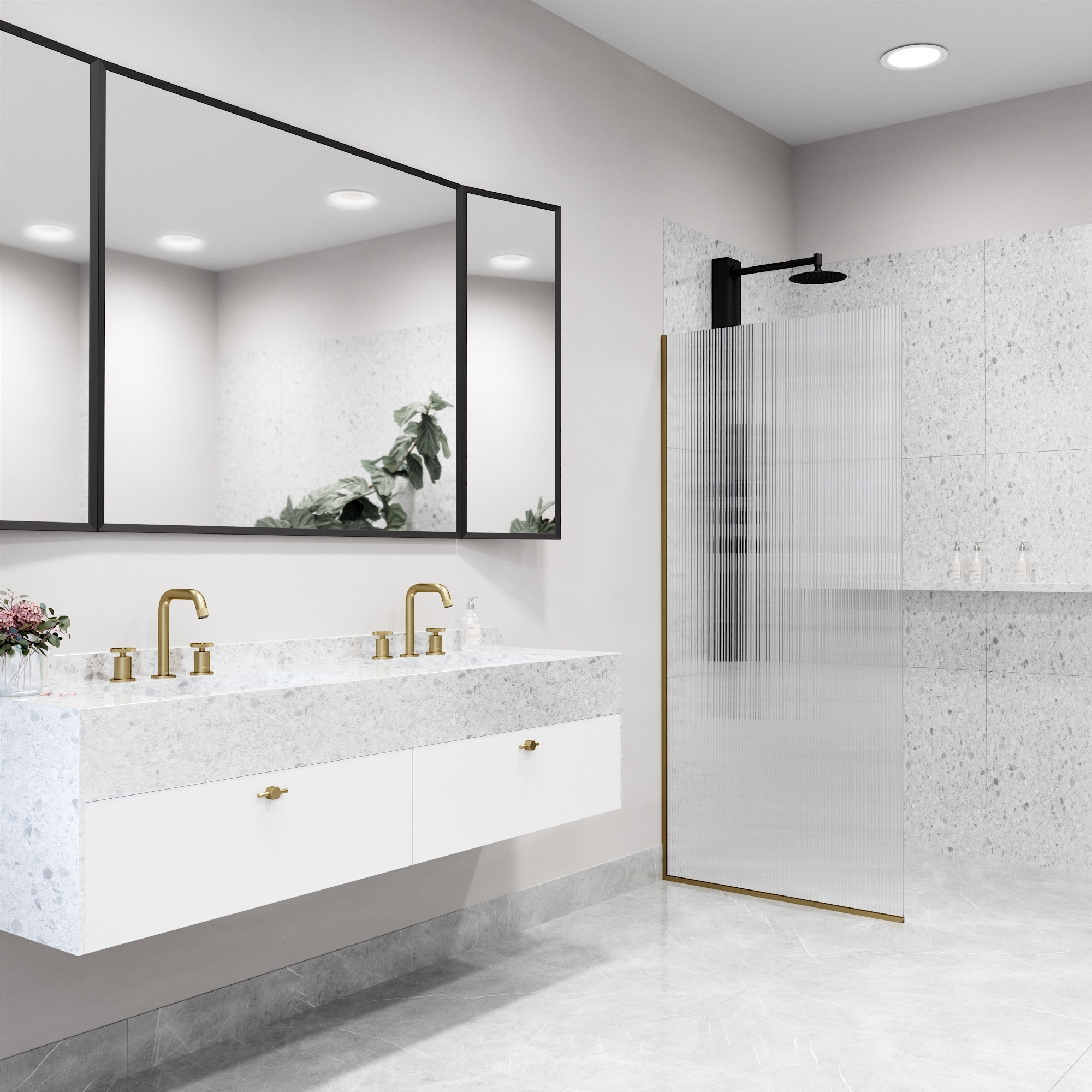 Zenith 34" Matte Gold Frameless Fluted Glass Shower Screen