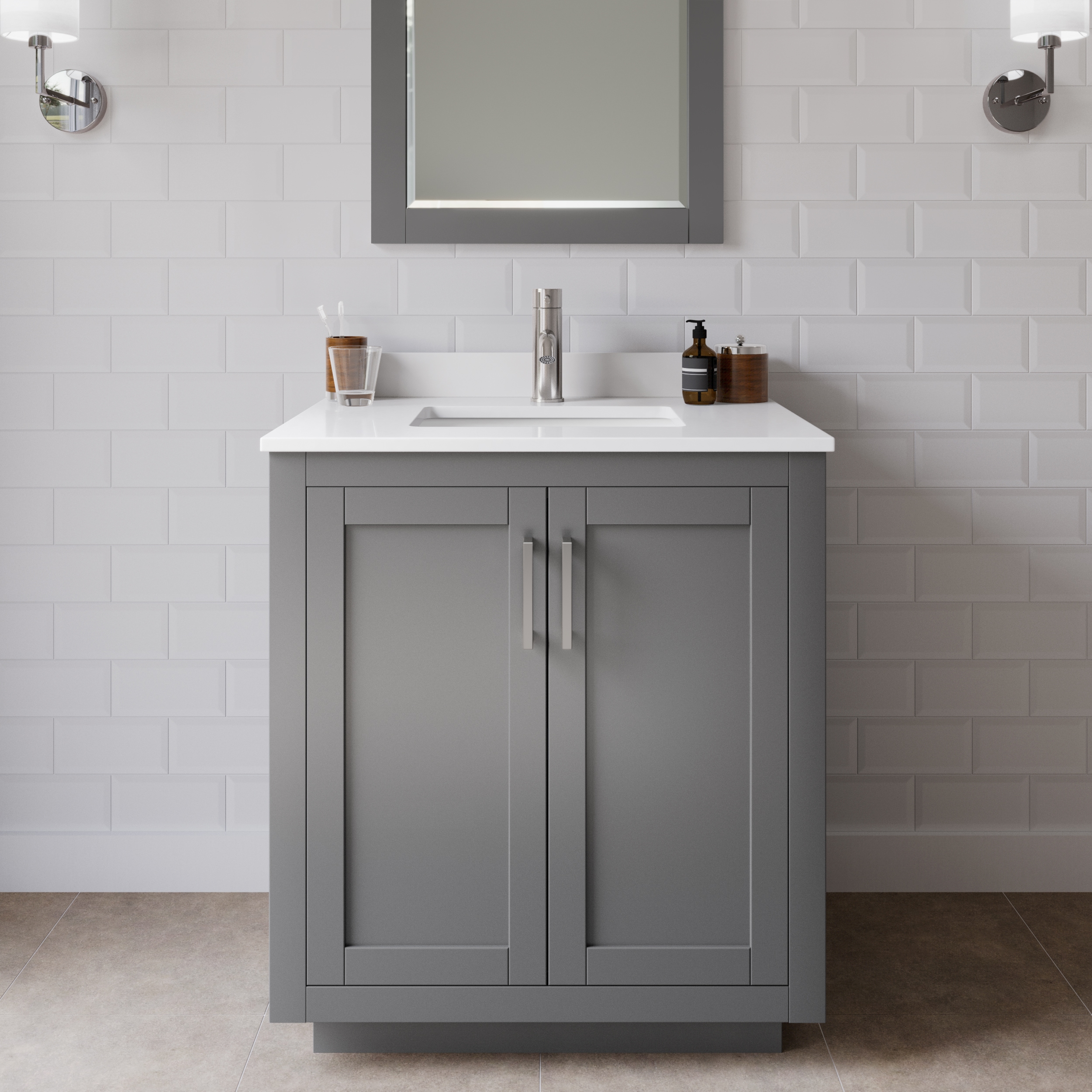 Wyndham Collection WCF292930SKGWCUNSMXX Miranda 30-in Dark Gray with Brushed Nickel Trim Undermount Single sink Bathroom Vanity with White Cultured Marble Cultured marble Top
