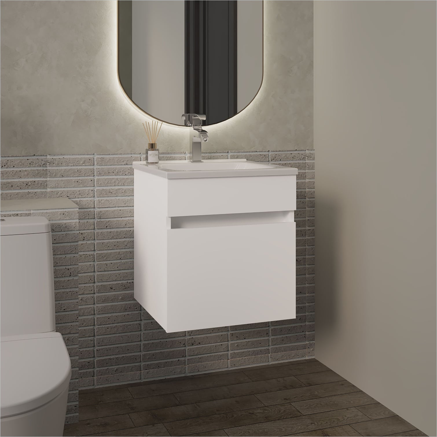 SunJet Wall-Mounted Floating Bathroom Vanity in White-Toned MDF with ...