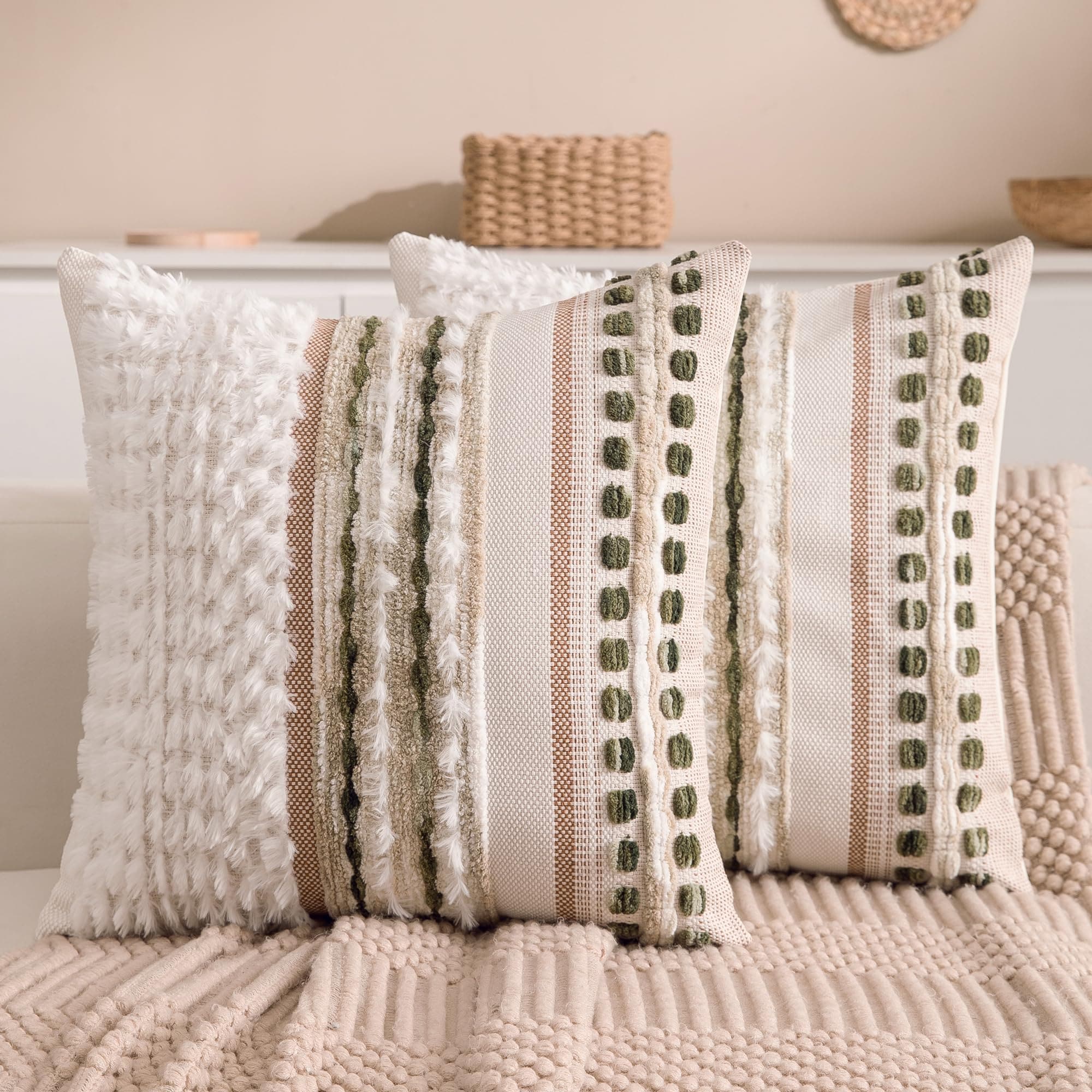 Phewnyzo  Boho Chenille Tufted Couch Throw Pillow Covers 18 by 18 Inch Set of 2 Farmhouse Striped Decorative Pillow Covers Green Cushion Covers