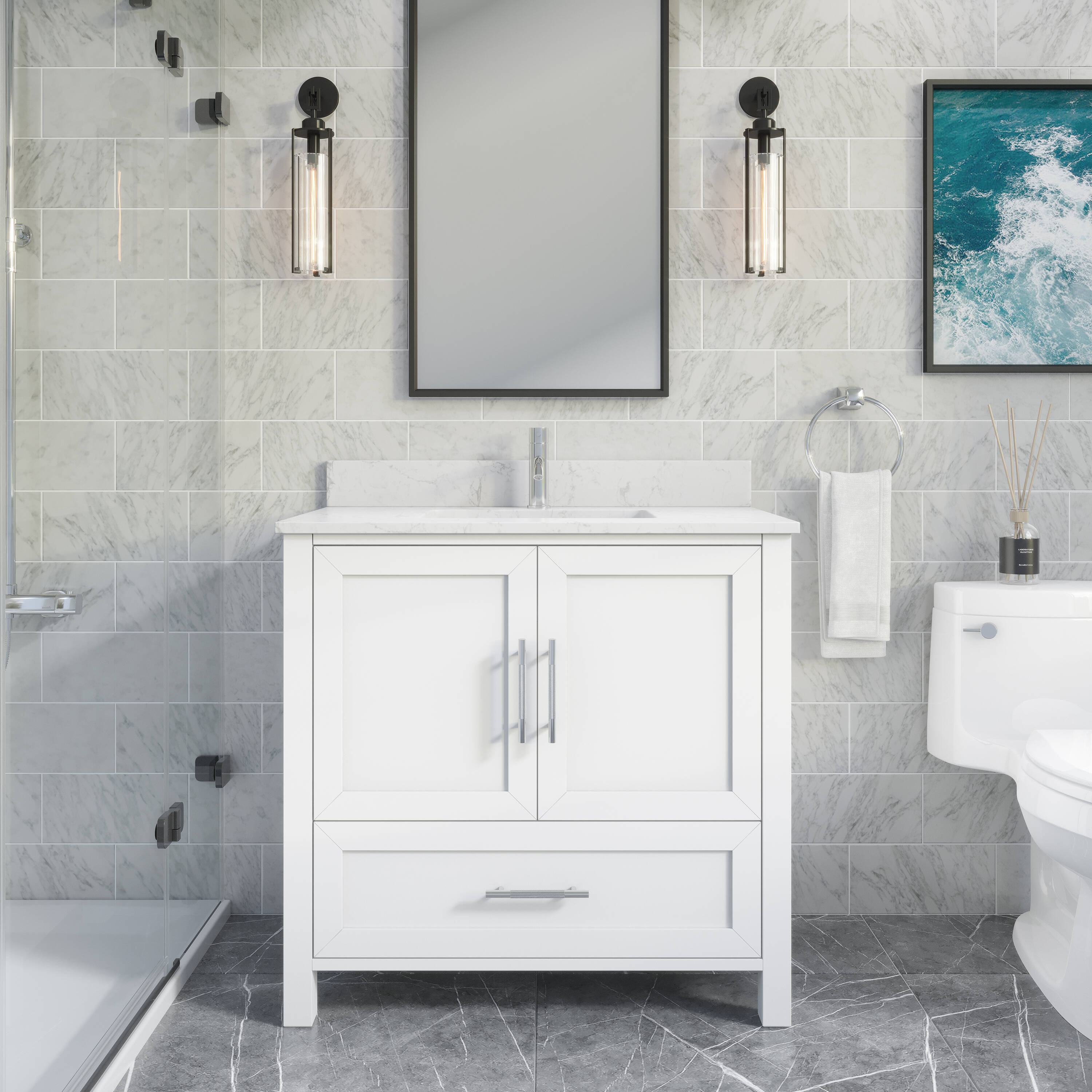 Spa Bathe 21068 Banff 36-in White Undermount Single Sink Bathroom Vanity with White with gray specks Engineered Stone Top