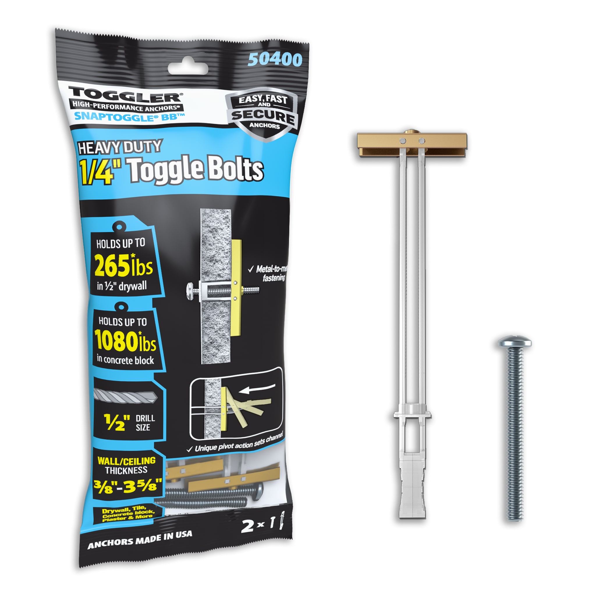 TOGGLER 50400 1080-lb 1/4-in x Assorted length Toggle Bolt Drywall Anchors with Screws Included 2 -Pack