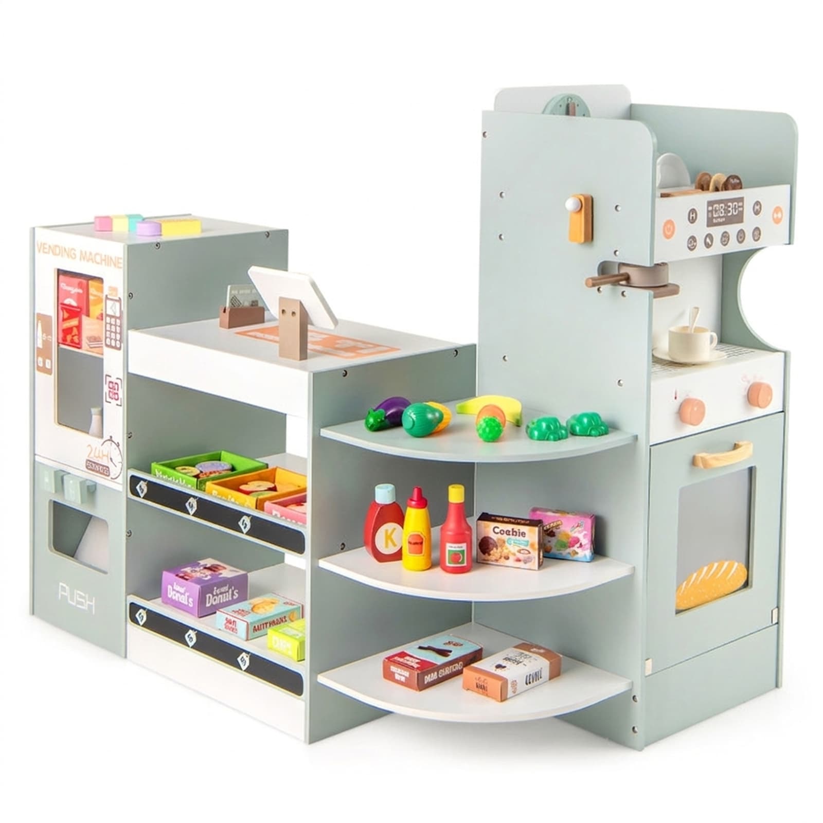 SUGIFT - 37-in x 24-in x 33-in Wooden Kids Grocery Store Playset with 24H Vending Machine Checkou...