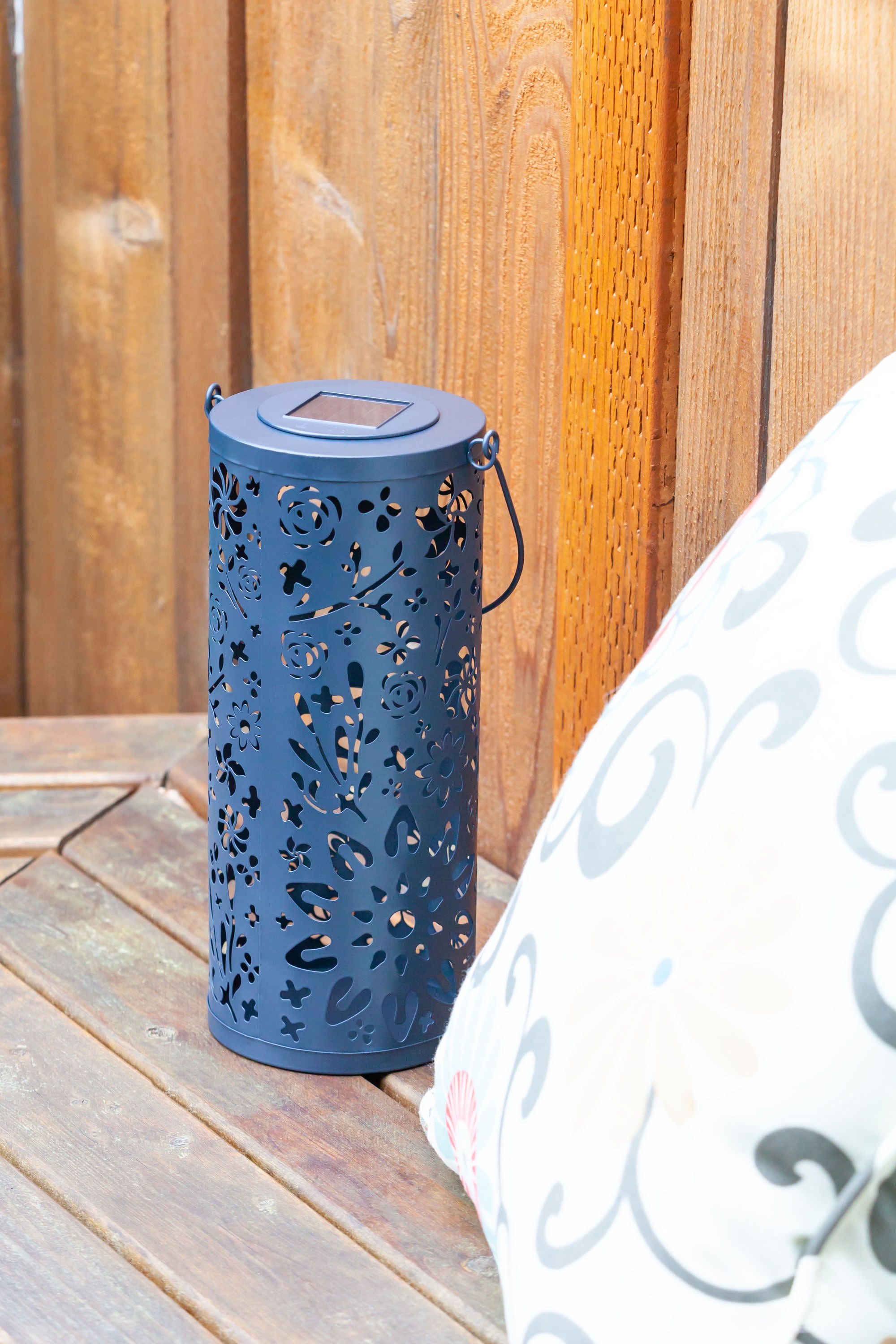 Midnight Blue Floral Punched Metal Solar Lantern