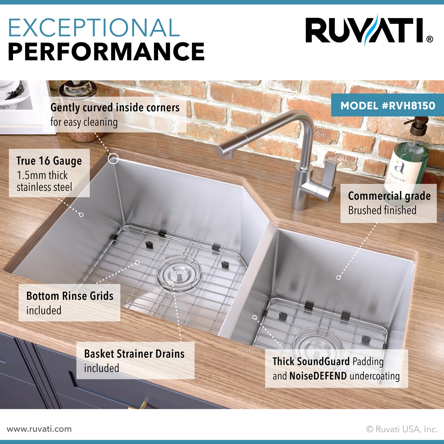 Ruvati Gravena Undermount 33-in x 20-in Brushed Stainless Steel Double ...