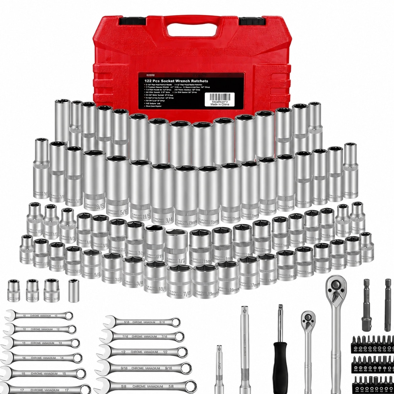 Justincity  122pcs Impact Socket Set with Ratchet Wrench SAE and Metric Sockets Extension Bars Bit Holder Spark Plug Socket and Storage Case