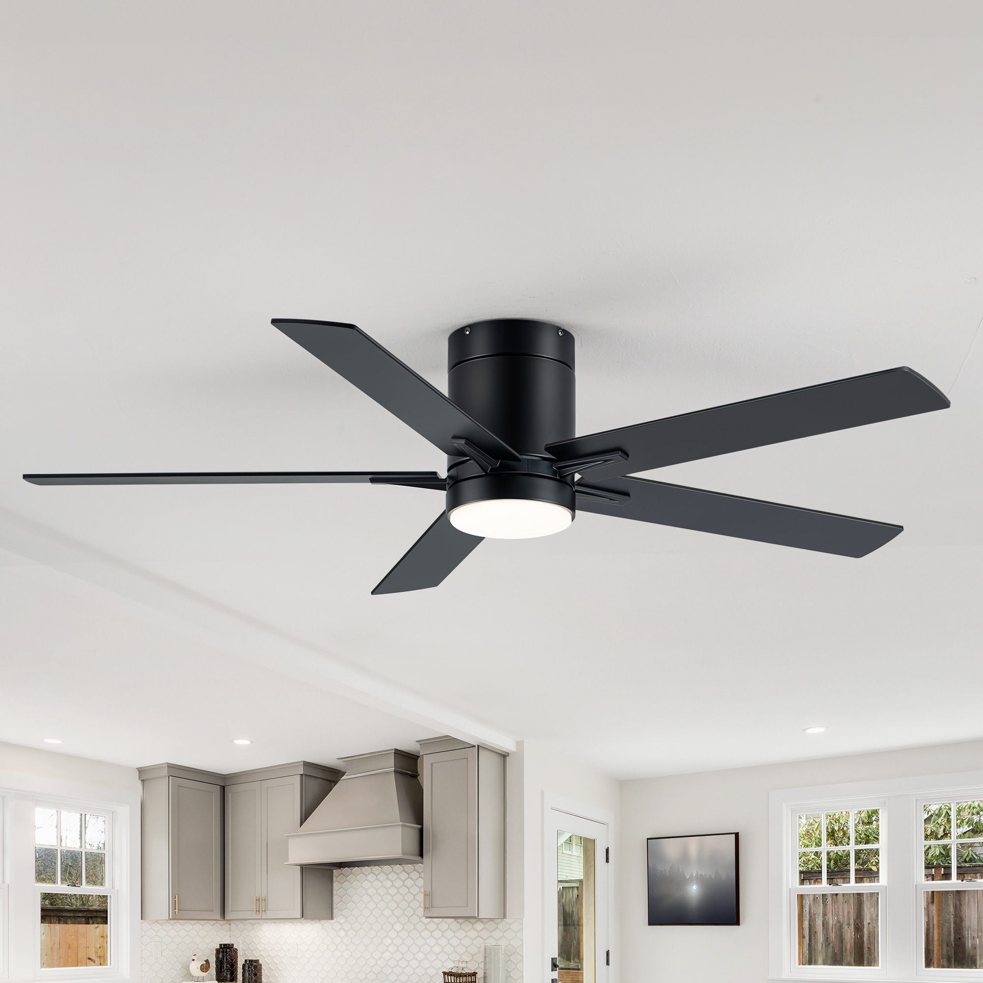 Breezary 30046-BK Low Profile 52-in Color-Changing Integrated LED Flush Mount Matte Black with Black and Deep Walnut Wood Blades Ceiling Fan With Light - Remote Included ( 5 -Blade )