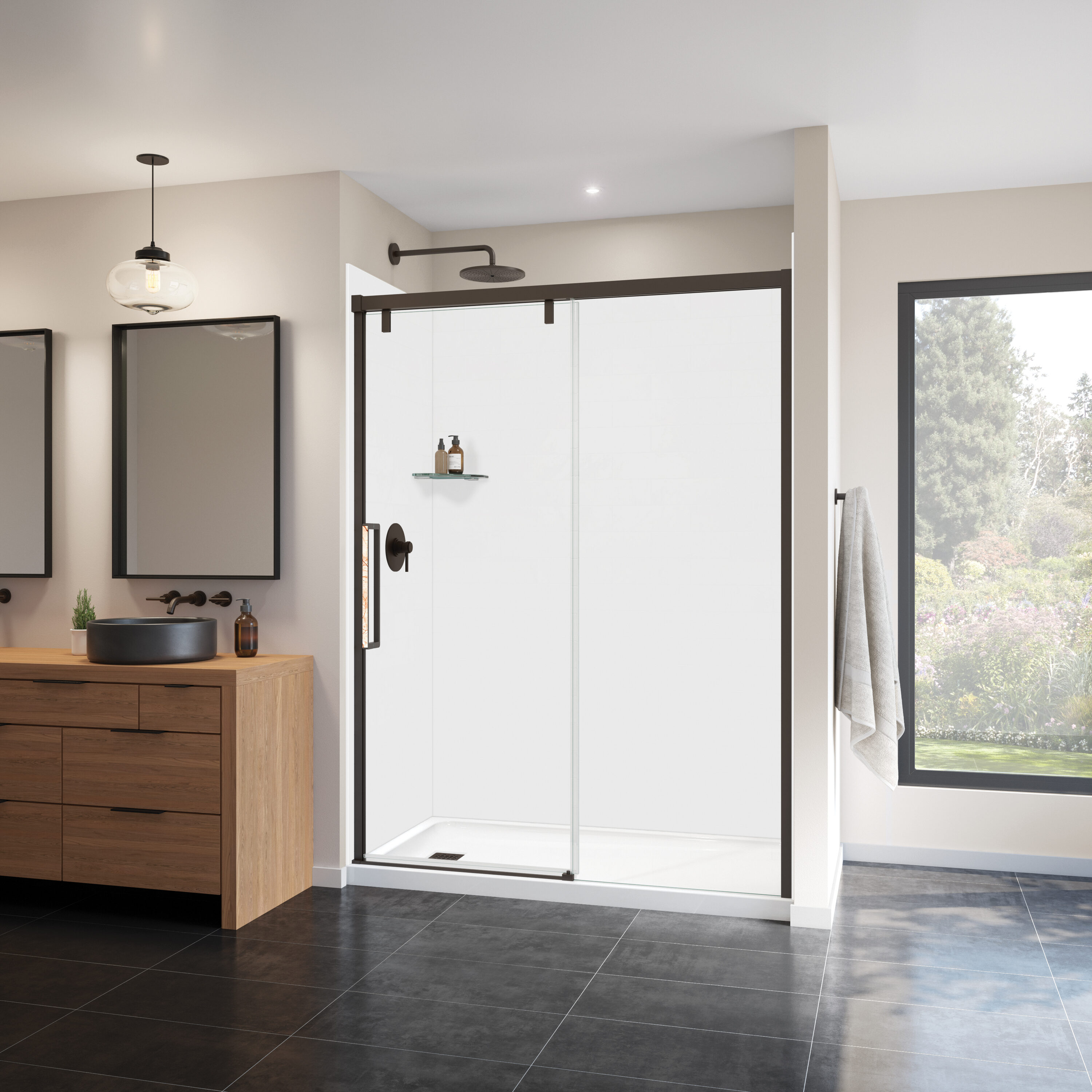 MAAX 135324-900-283-000 Uptown Dark Bronze 56-in to 59-in W x 76-in H Frameless Sliding Soft Close Shower door 5/16-in Thick Clear Glass