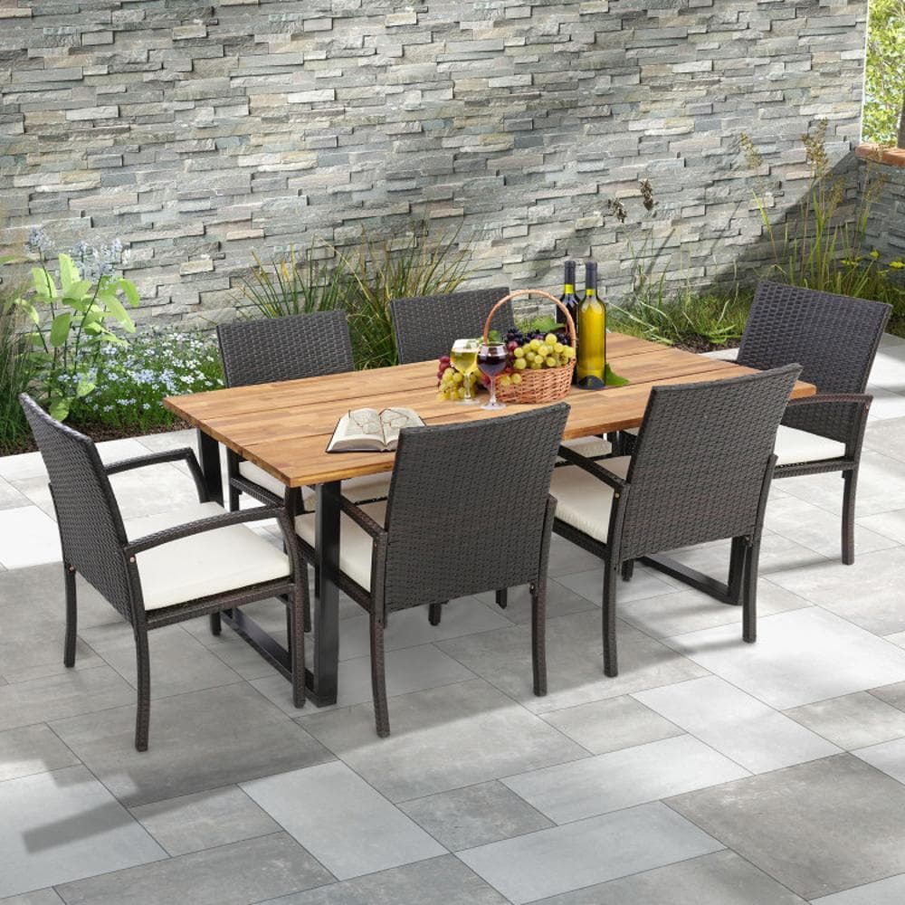 BABOOM BOM-HW70830-CO Patio Rattan Dining Set 7 -Piece Mix Brown and Black Wicker Patio Dining Set Wood Rectangle Table with 6 Multiple colors/finishes Cushions Stationary Chairs