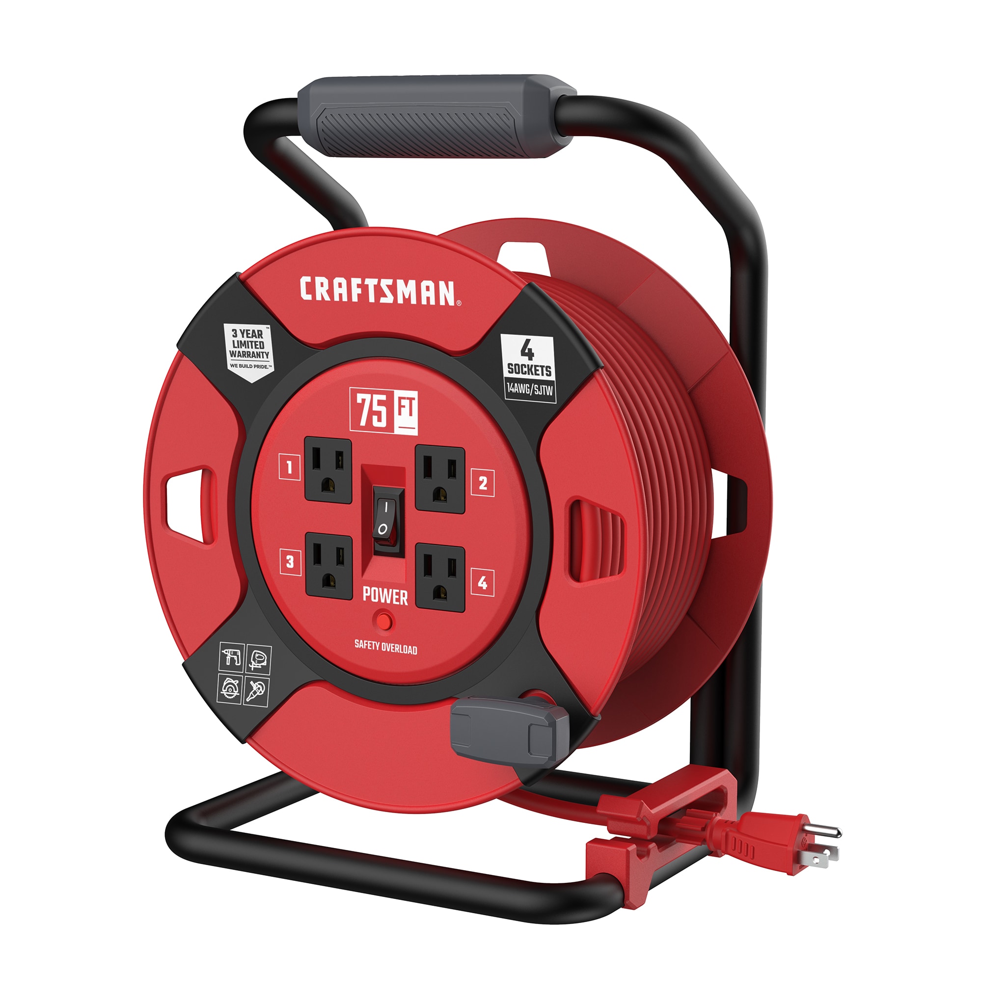 CRAFTSMAN Heavy Duty Retractable Extension Cord, 75 Ft with 4 Outlets-  14awg Sjtw Cable- Outdoor Power Cord Reel in the Extension Cord Accessories  department at
