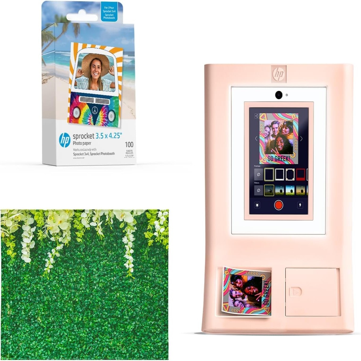 HP Sprocket Photo Booth Instant Printer - Pink - Color Photo Printer - 100 Zink Paper  with Leaves Backdrop