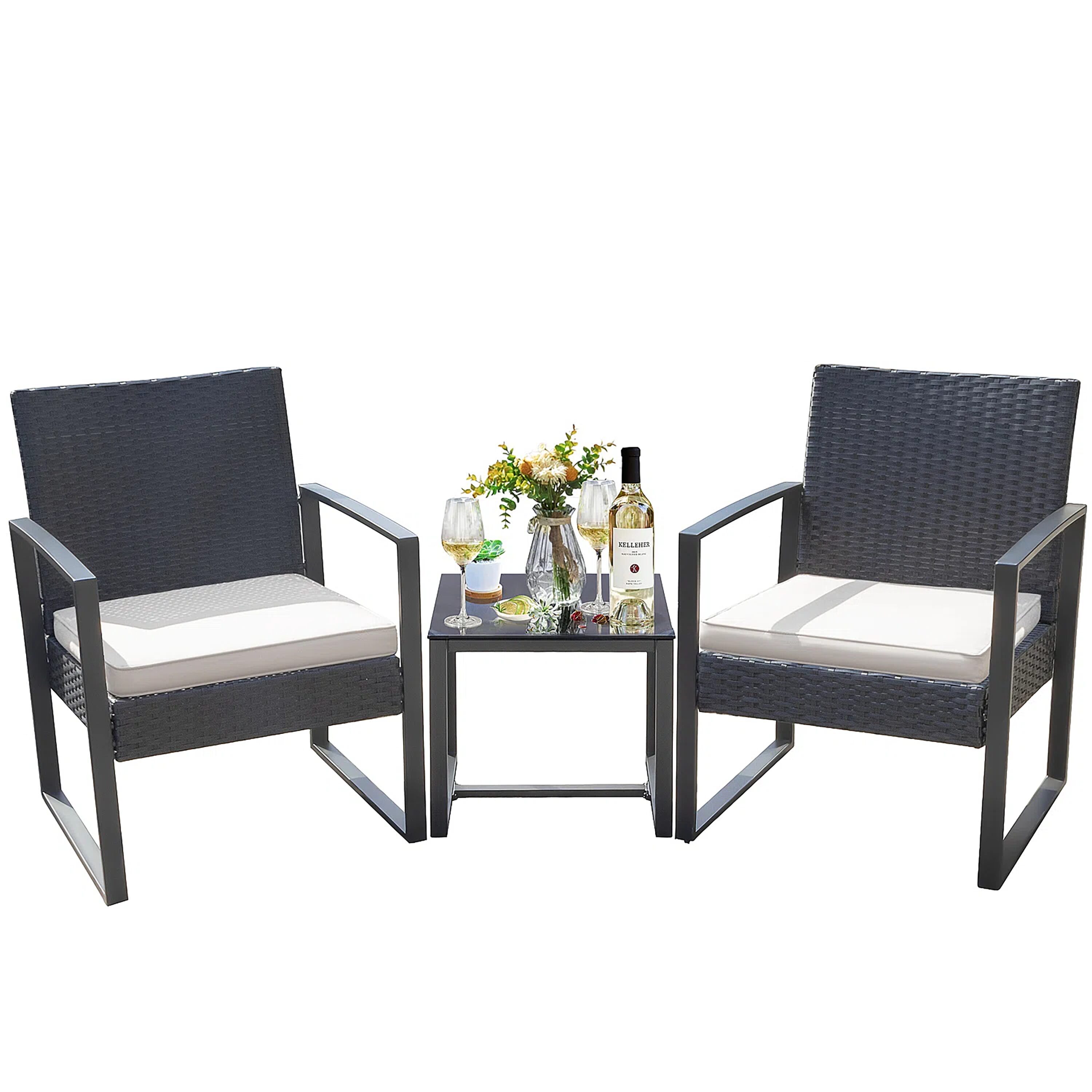 Vineego LS-LCRC813SWT0 3 -Piece Patio Conversation Set with White Cushions