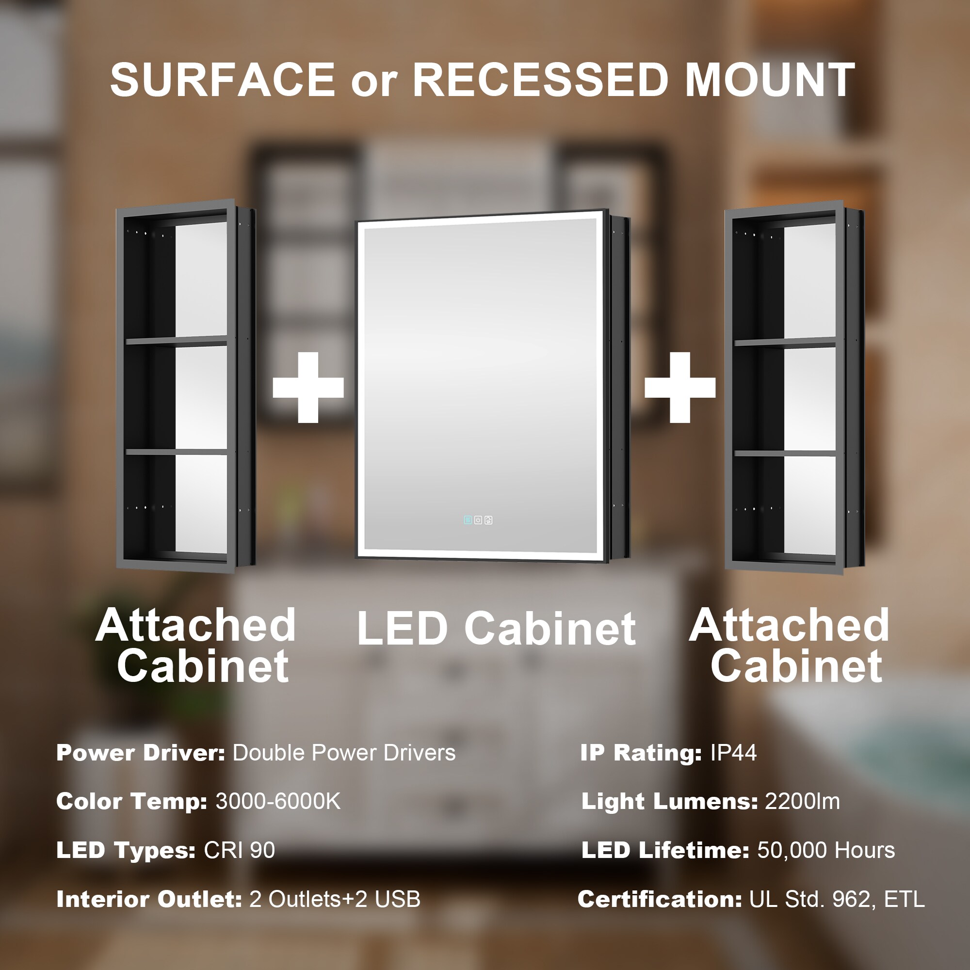 WELLFOR W12 48-in x 30-in Lighted LED Fog Free Surface/Recessed Mount Anodized Black Aluminum Mirrored Soft Close Medicine Cabinet with Outlet